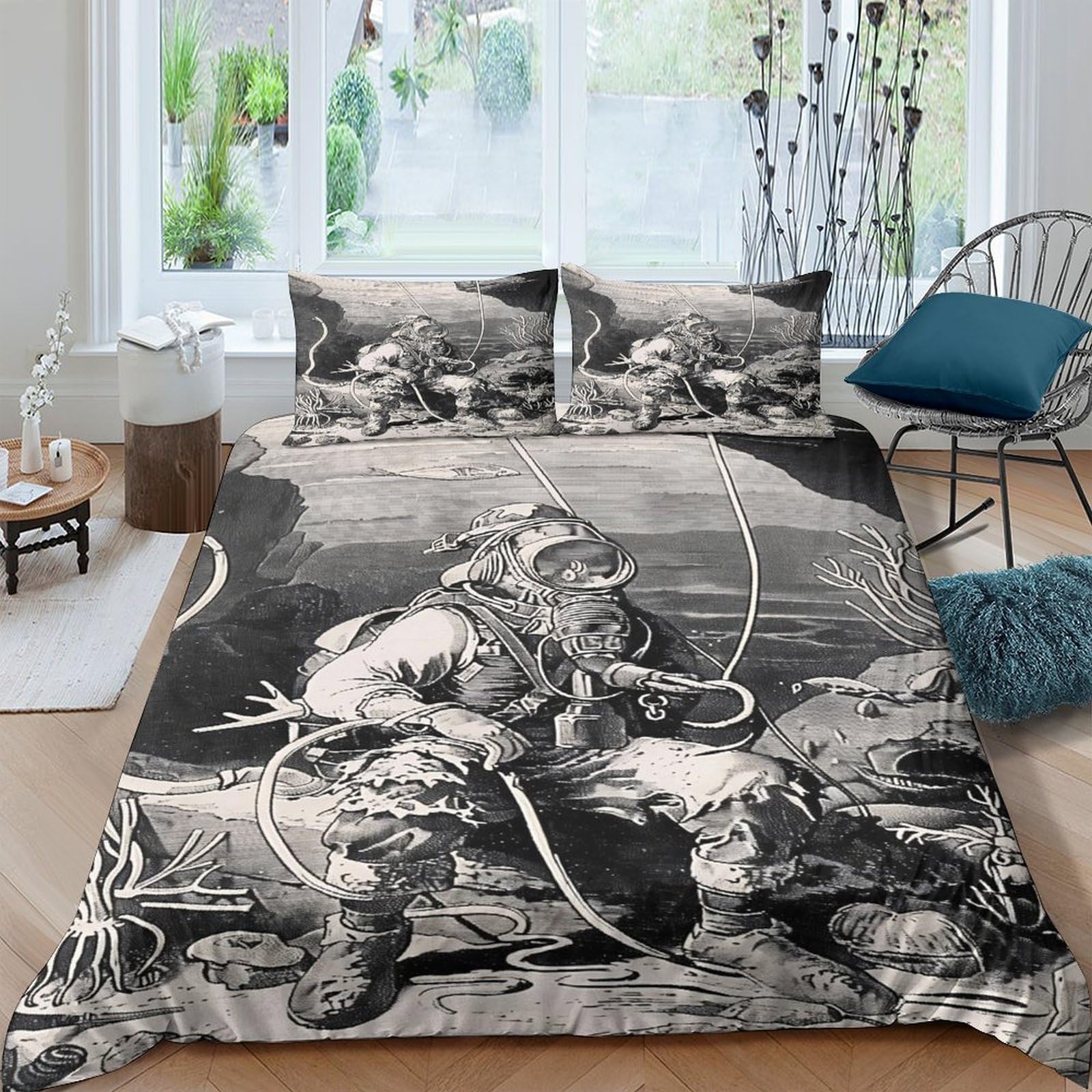 Ctjqhvkz Style-2 3D Printed Retro Diver Fitted Sheet Microfiber Soft Protective Nautical Bed Cover For Bedroom Guest Room Decor Single（135X200cm）