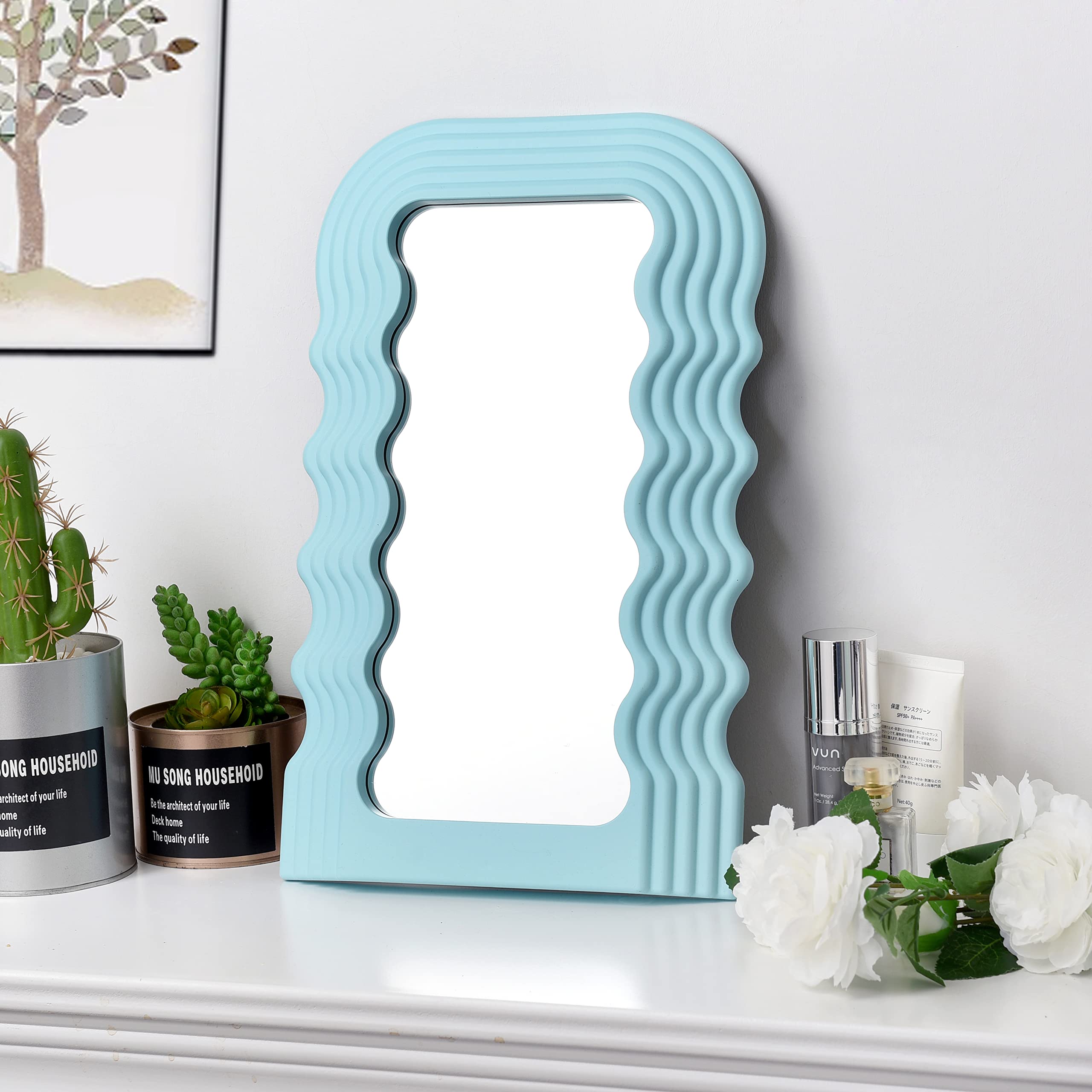 Tstarer Light Blue Wave Vanity Mirror for Wall-Mounted & Dressing Tabletop,Decorative Makeup Mirror - 9.8 x 15.8 in