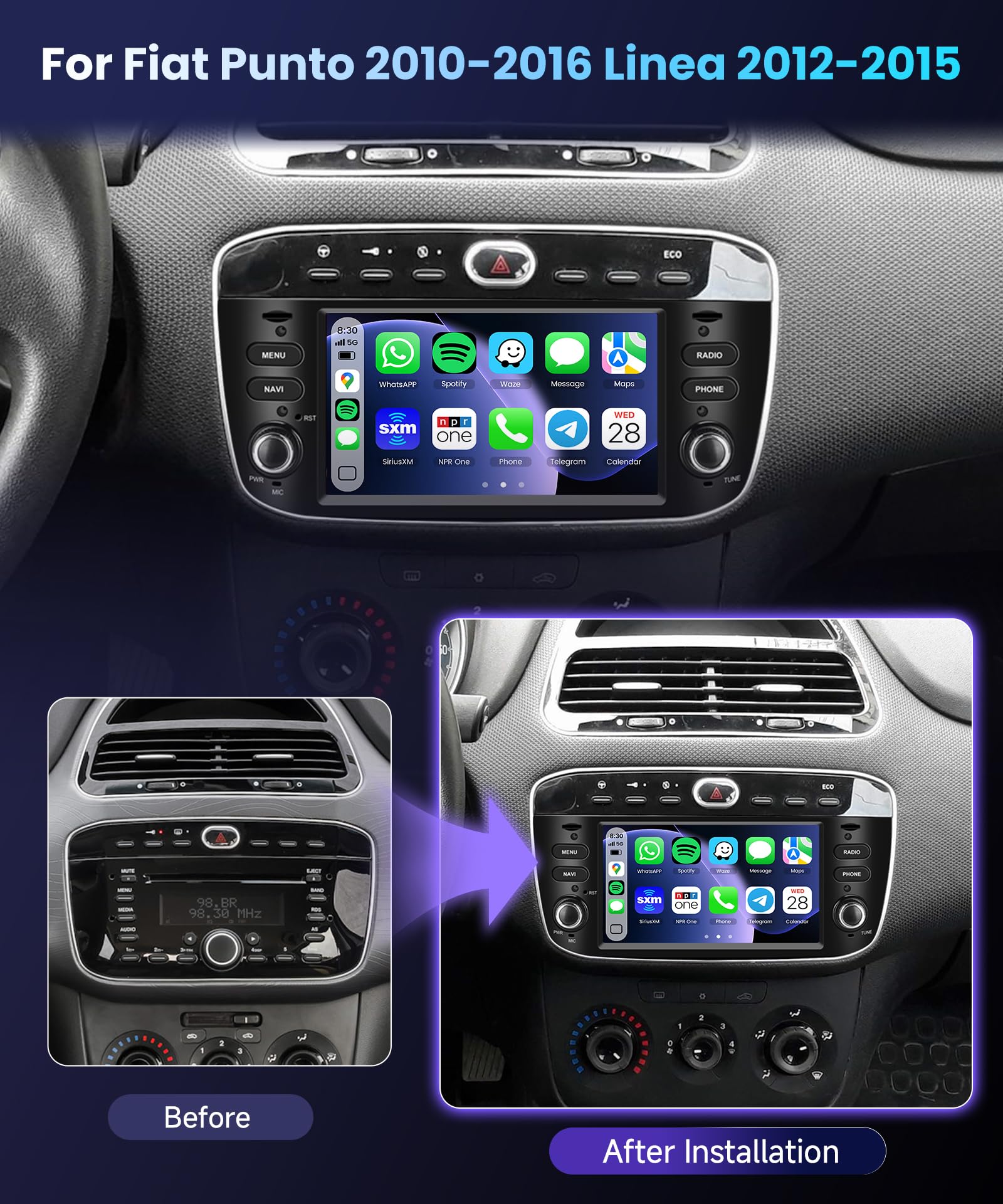 Carplay Autoradio per Fiat Punto 10-16 Linea 12-15 con Android Auto, 2GB+64GB Android Bluetooth Car Stereo Schermo con GPS/WiFi/RDS/FM/SWC/USB/Mirror Link+AHD/CVBS Telecamera Posteriore