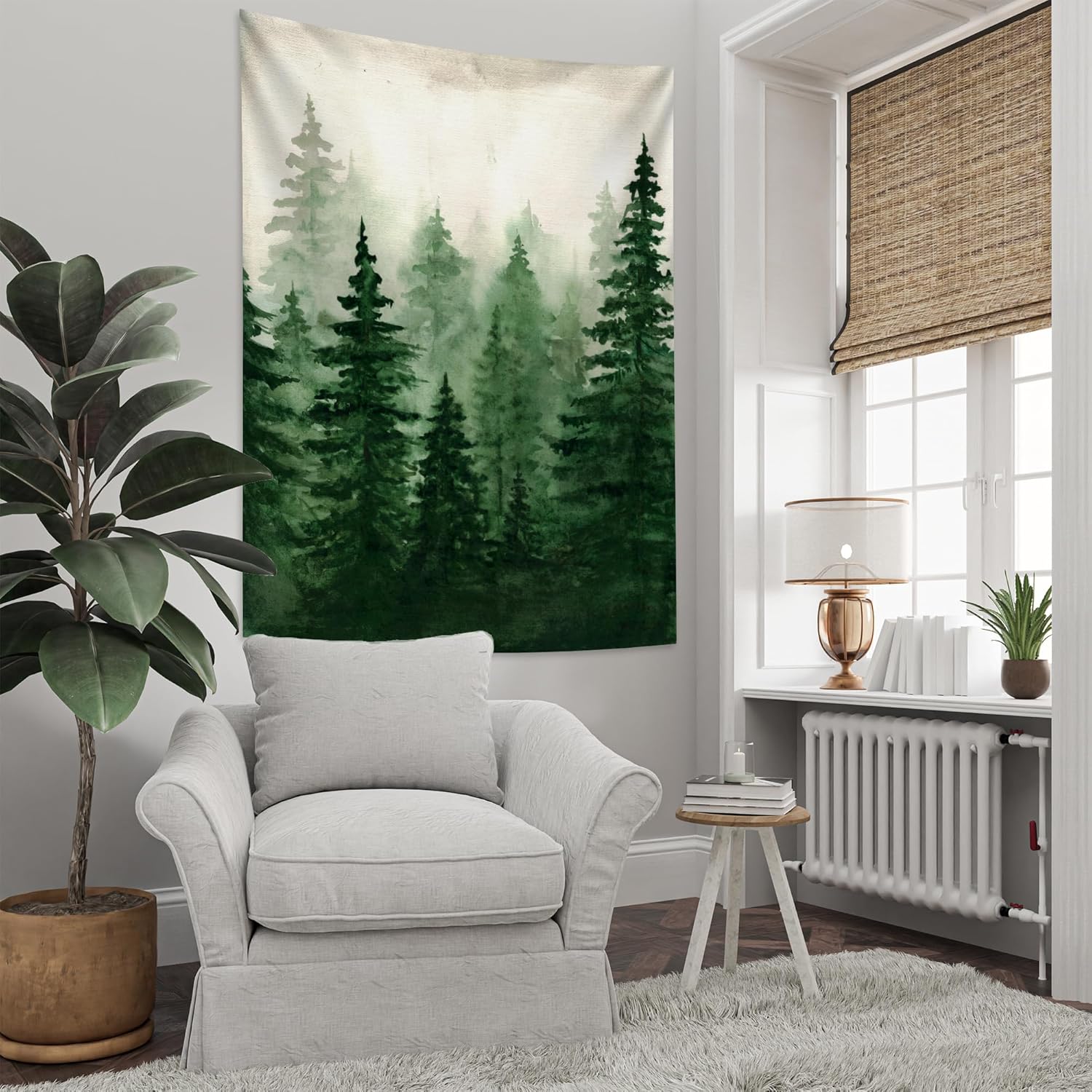 Flysea Sage Green Mountain Tapestry Misty Foggy Forest Watercolor Tree Landscape Art Wall Hanging Nature Scenery Vertical Large Big Aesthetic Bedroom Living Room Backdrop Breaker Box Cover 60×80 inch