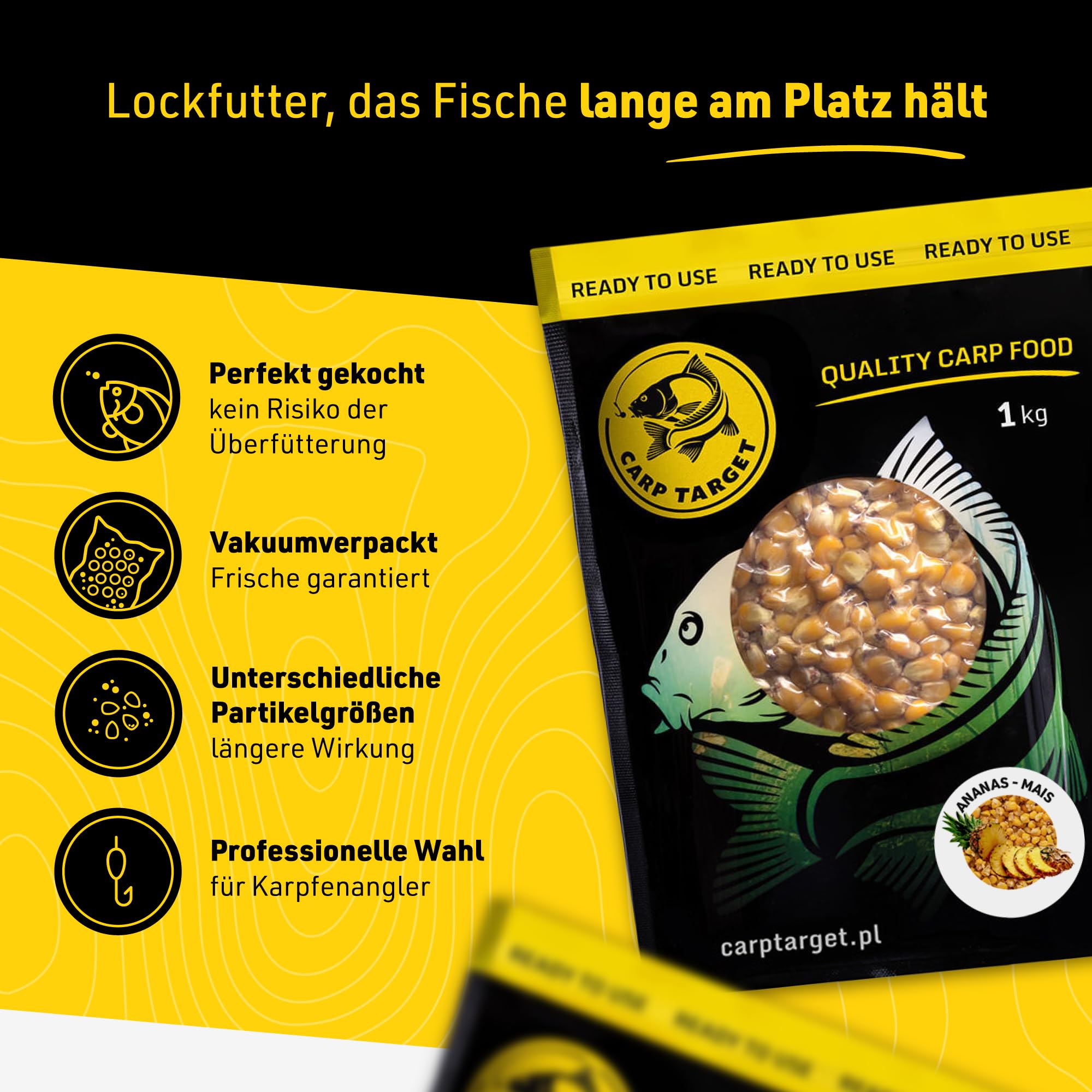 Gotowa kukurydza wędkarska 1 kg Ananas - Naturalna zanęta na karpie i amury - Zapakowana próżniowo zanęta - Duża odmiana ziaren ugotowana w punkt - Wyrazisty aromat i smak