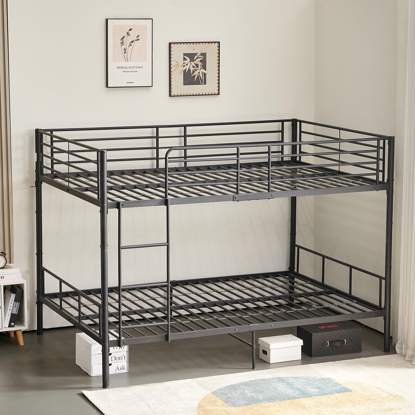 DORAFAIR Letto a Castello 90 x 200 cm in Metallo, con Rete a Doghe, con Scaletta e Protezione da Caduta, Letto a Castello Singolo, Nero