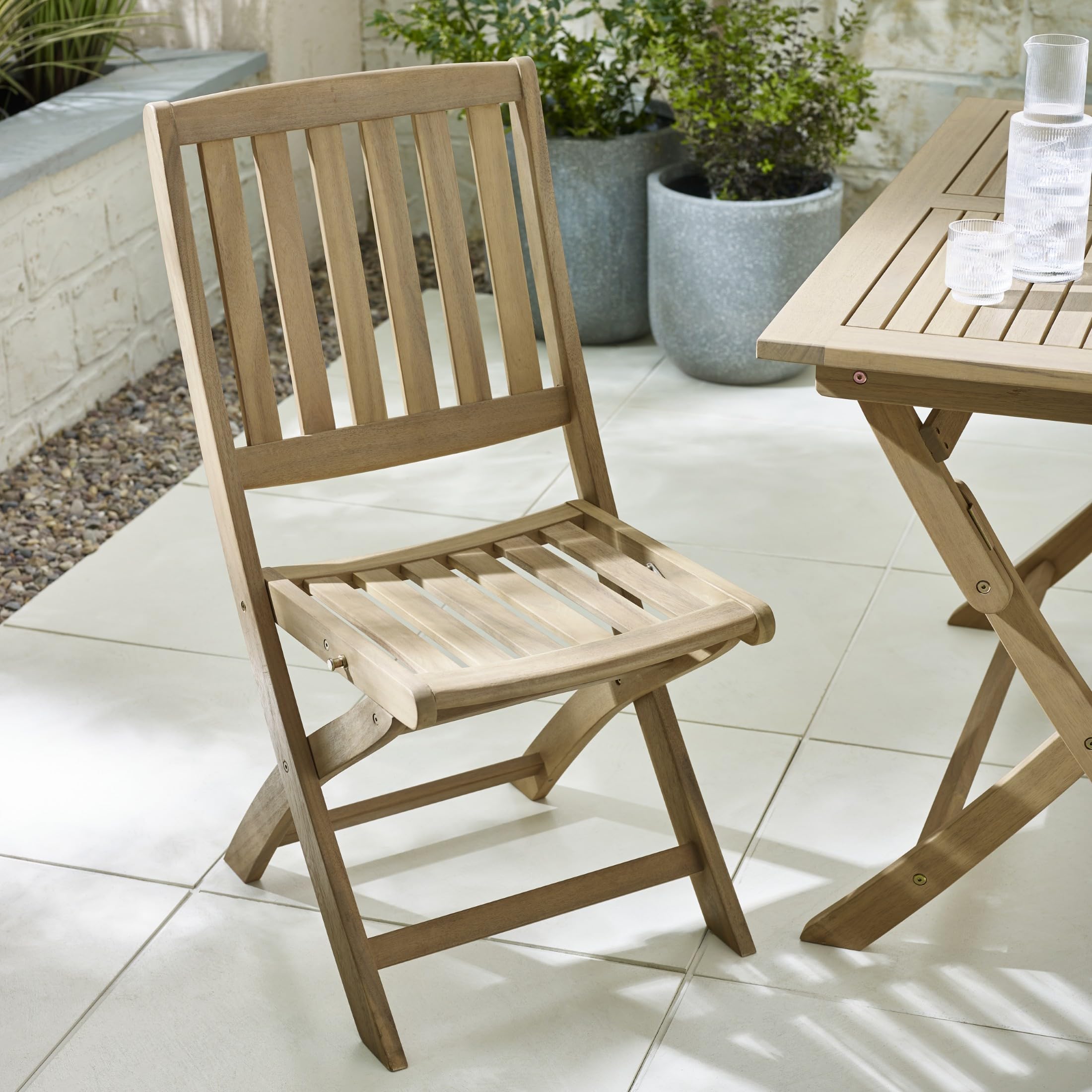 Furniturebox Set of 2 Solid Acacia Wood Folding Dining Chairs - Teak - Slatted Back, Folds Flat, 47x59cm each - Hamburg Collection