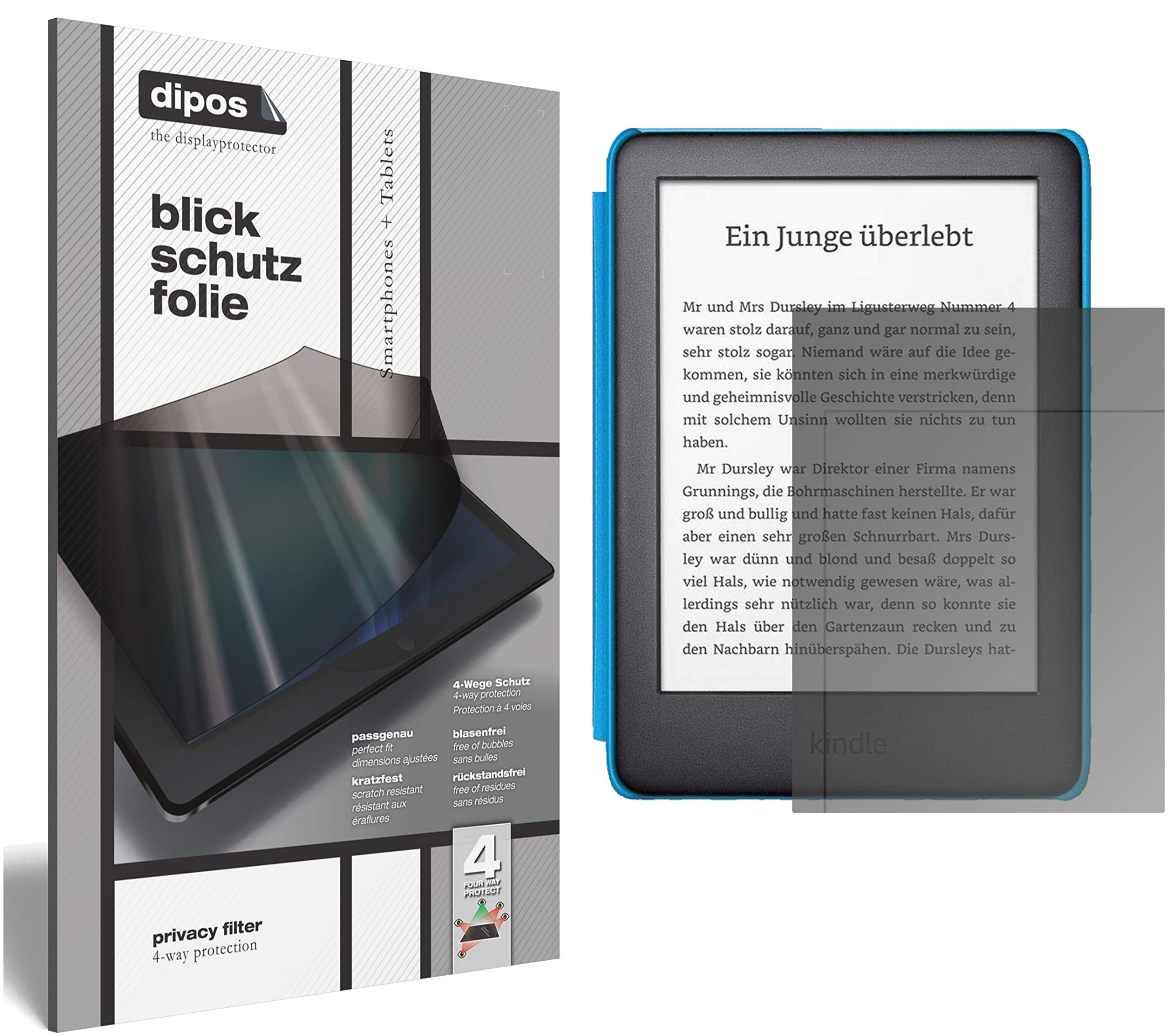 dipos Blickschutzfolie für Amazon Kindle Kids Edition (2019) | Displayschutz matt mit 4-Wege Sichtschutz-Effekt, Privacy Filter, passt perfekt, kratzfest, blasenfrei, selbstklebend