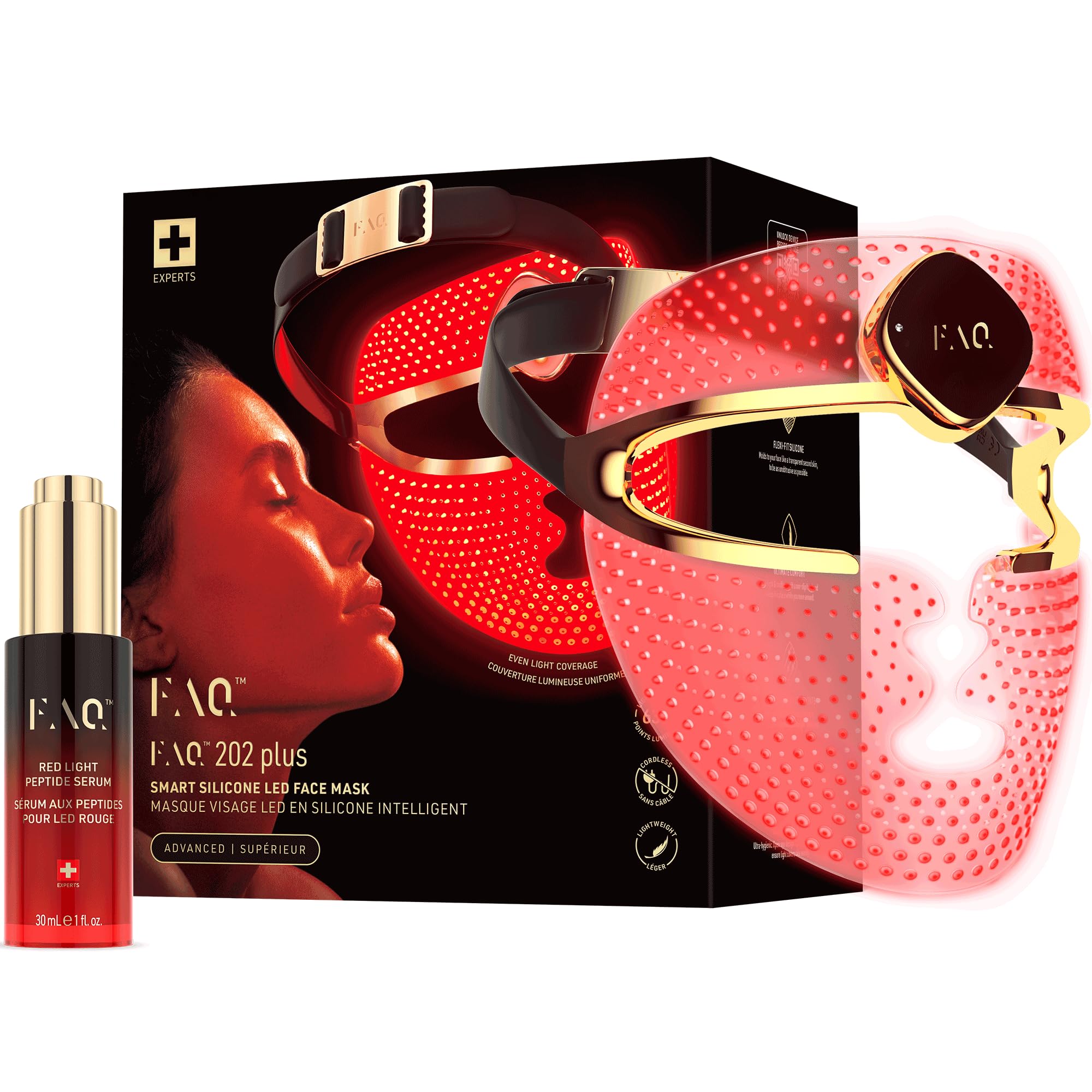 FAQ 202 plus 8-Farben-LED-Gesichtsmaske + Rotlicht-Peptidserum-Set | LED-Gesichtsmaske, Rotlichtmaske, Peptidserum, Hyaluronsäure, Silikonmaske, 8 Farben, vollständige Gesichtsabdeckung