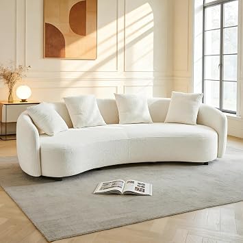 100inch Curved Sofa, 4-Seater Modern Cloud Couch with 4 Throw Pillows, Solid Wood Frame & Soft Boucle Upholstery, Sectional Sofa for Living Room,Apartment, Cream White No Assembly Required | Solid Wood Frame