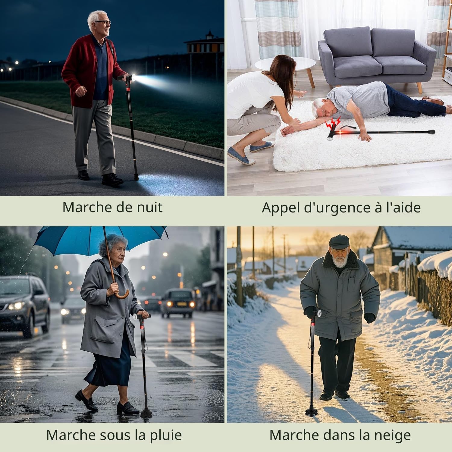 Canne d'une capacité de 113 kg, réglable en Hauteur, avec Lampe de Poche LED, Voyant Lumineux et Alarme, adaptée aux Personnes âgées et aux Adultes.