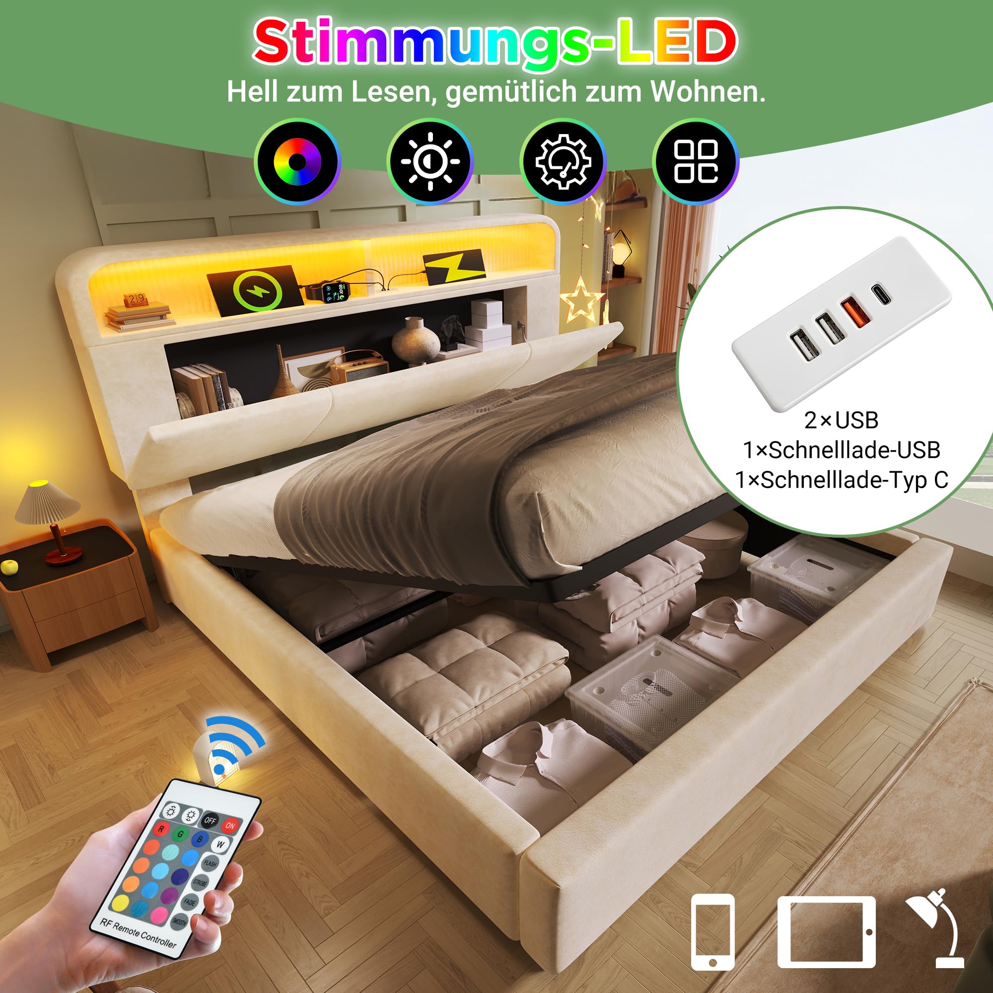 DEKKETO Doppelbett 180x200, Boxspringbett und Lattenrost mit Stauraum, kopfteil mit 3 USB und 1 Typ C-Port, Polsterbett mit LED-Beleuchtung, Samt Bett Beige, ohne Matratze