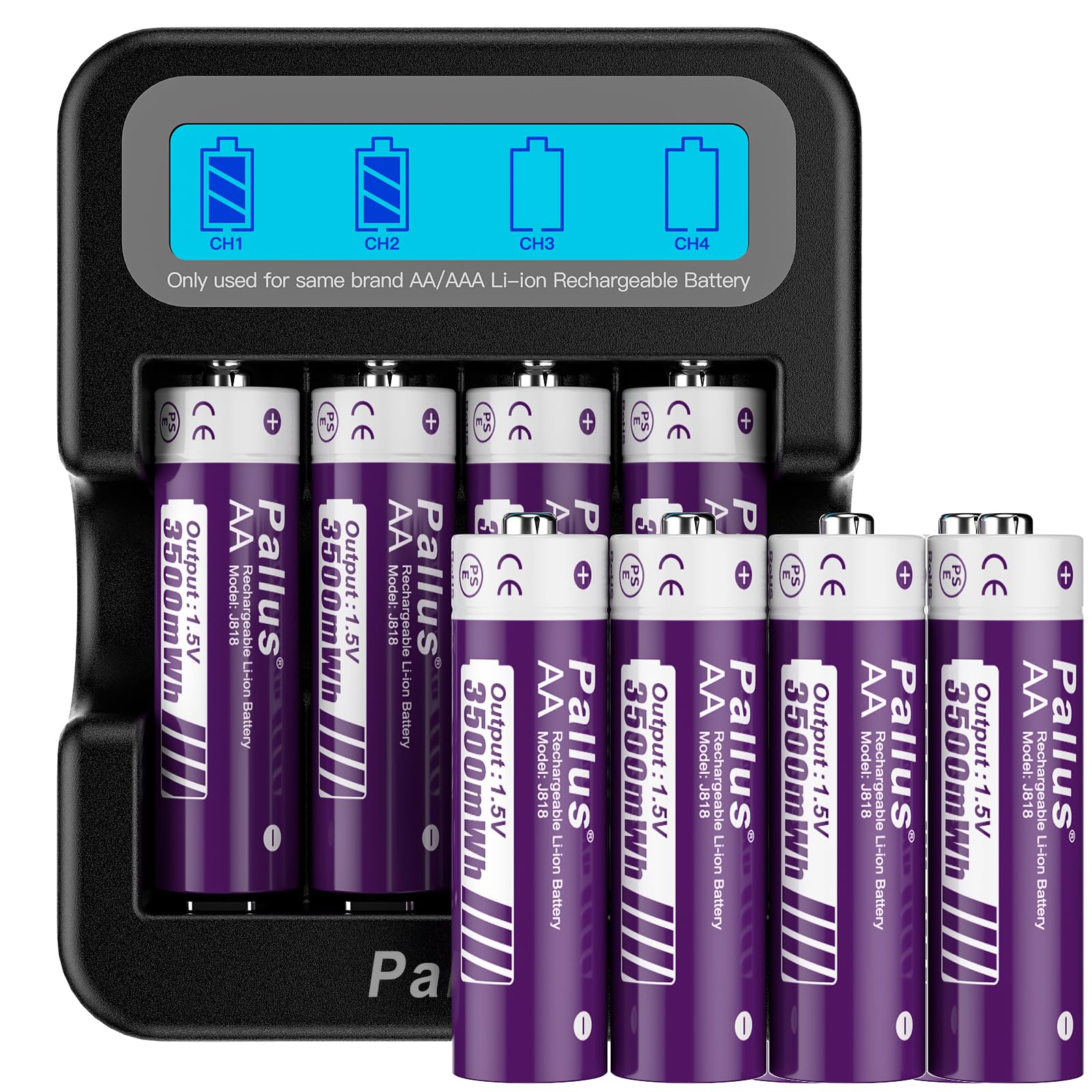 Pallus Rechargeable Lithium AA Batteries - 8 Pack 1.5v 3500mWh AA Rechargeable Batteries with LCD Charger for Outdoor Blink Camera, Fast Charging, Long Lasting, Low Battery Alarmc, Cycles 1600x
