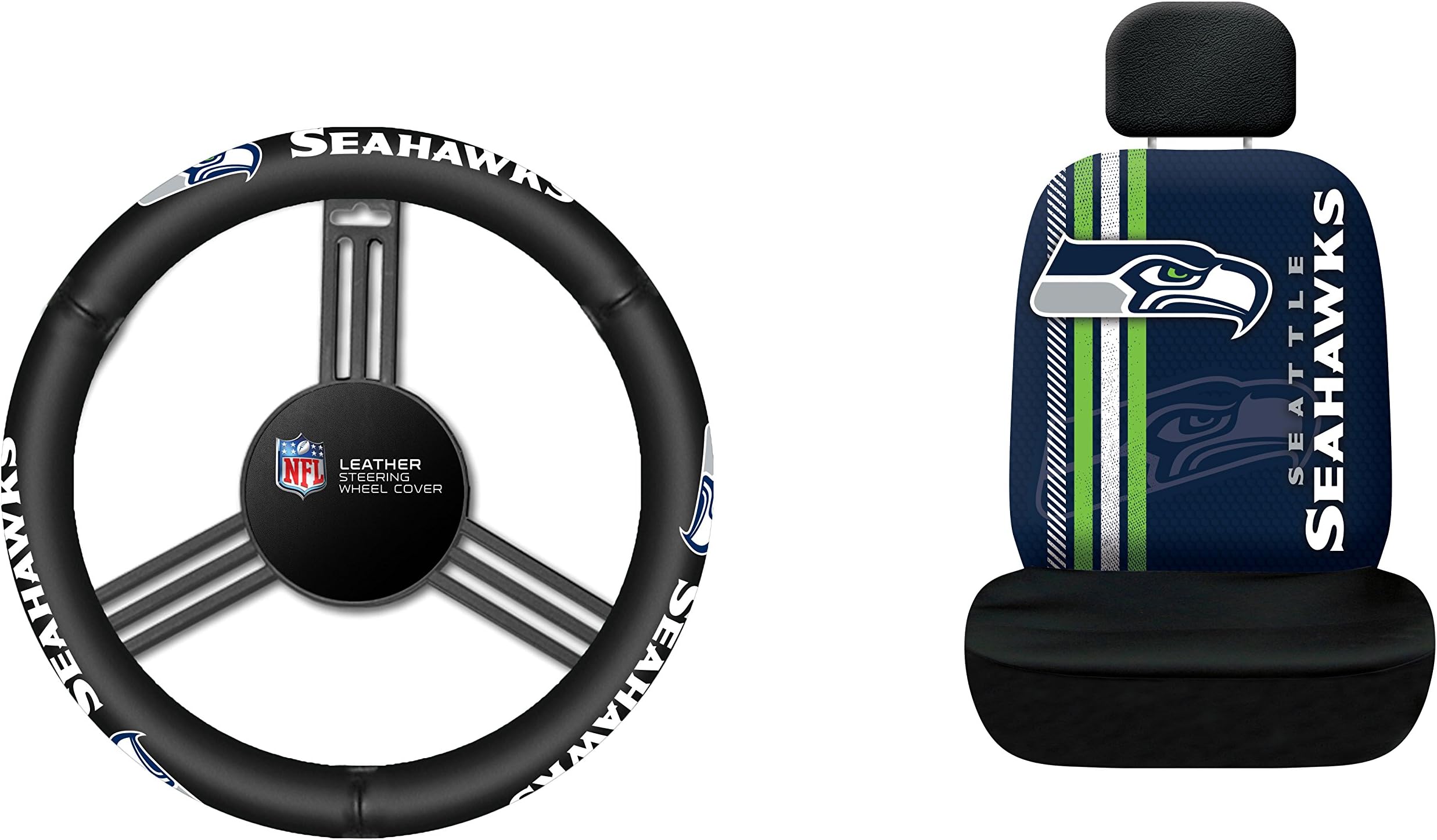 Fremont Die NFL Seattle Seahawks Rally Seat Cover with Leather Steering Wheel Cover, One Size, Black