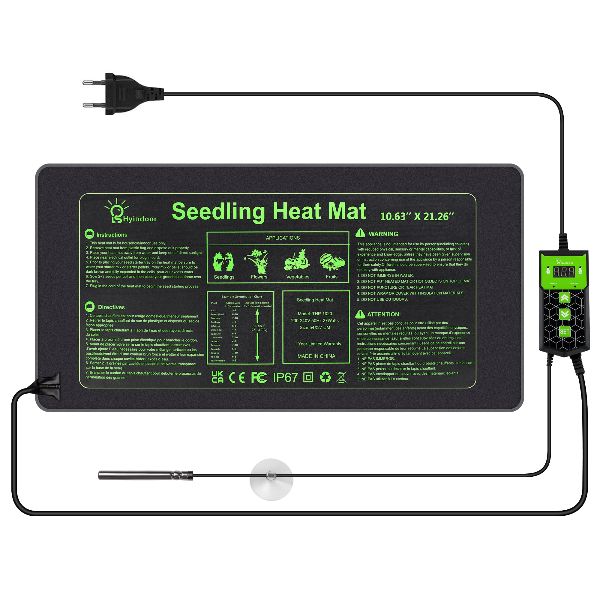 Hyindoor Heizmatte mit Thermostat wasserdichte Sämling Wärmematte Heizmatte Pflanzen Heizkissen für Sämling Germination Innengarten Gewächshaus, 27 x 50cm