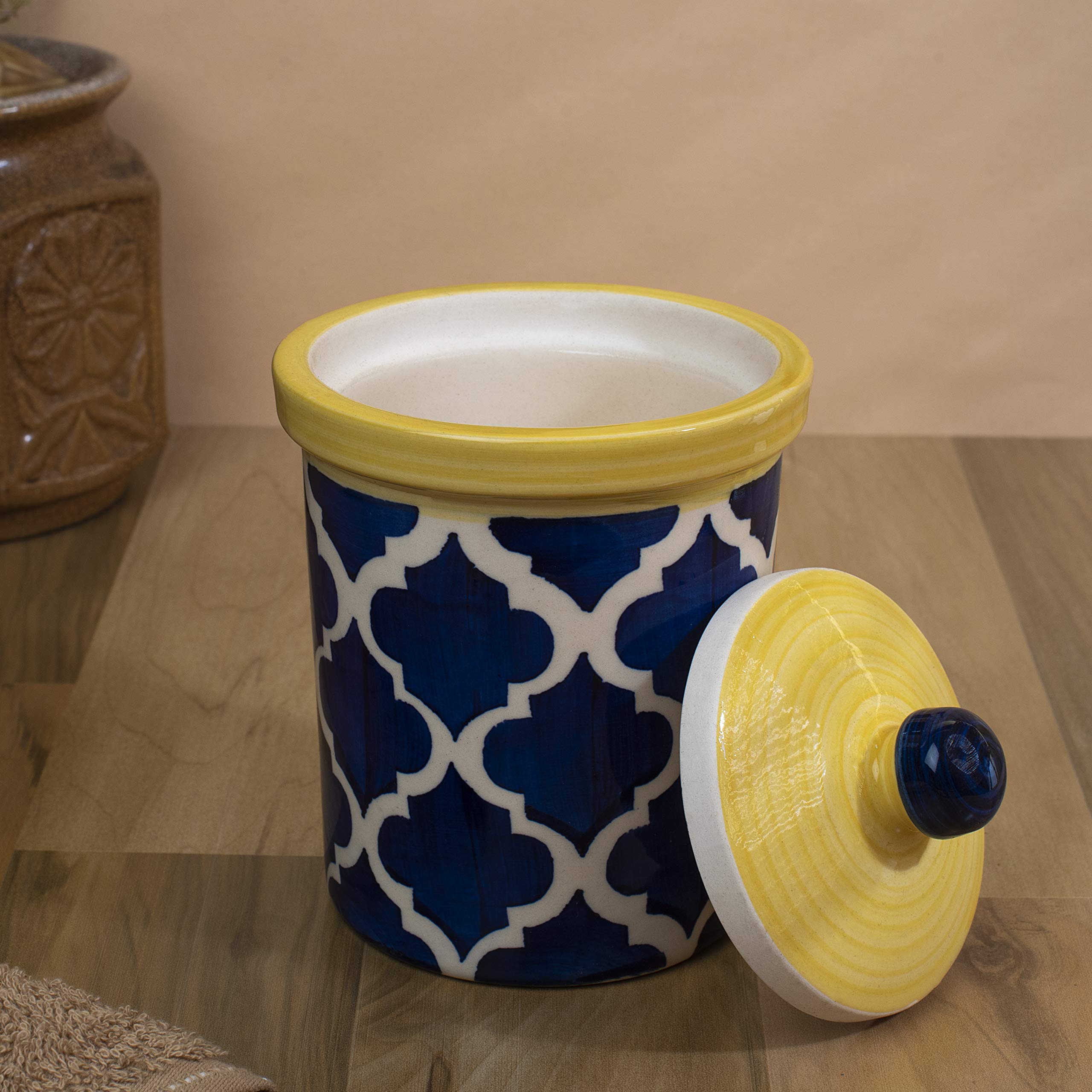 HS HINDUSTANI SAUDAGAR Blue Umrao Ceramic Pickle Jar Set Of 1(750ml each) Multipurpose Container Salt Sugar Spices Ceramic Jar with Lid Chutney Jar Dining Table Ideal For kitchen storage Gifting