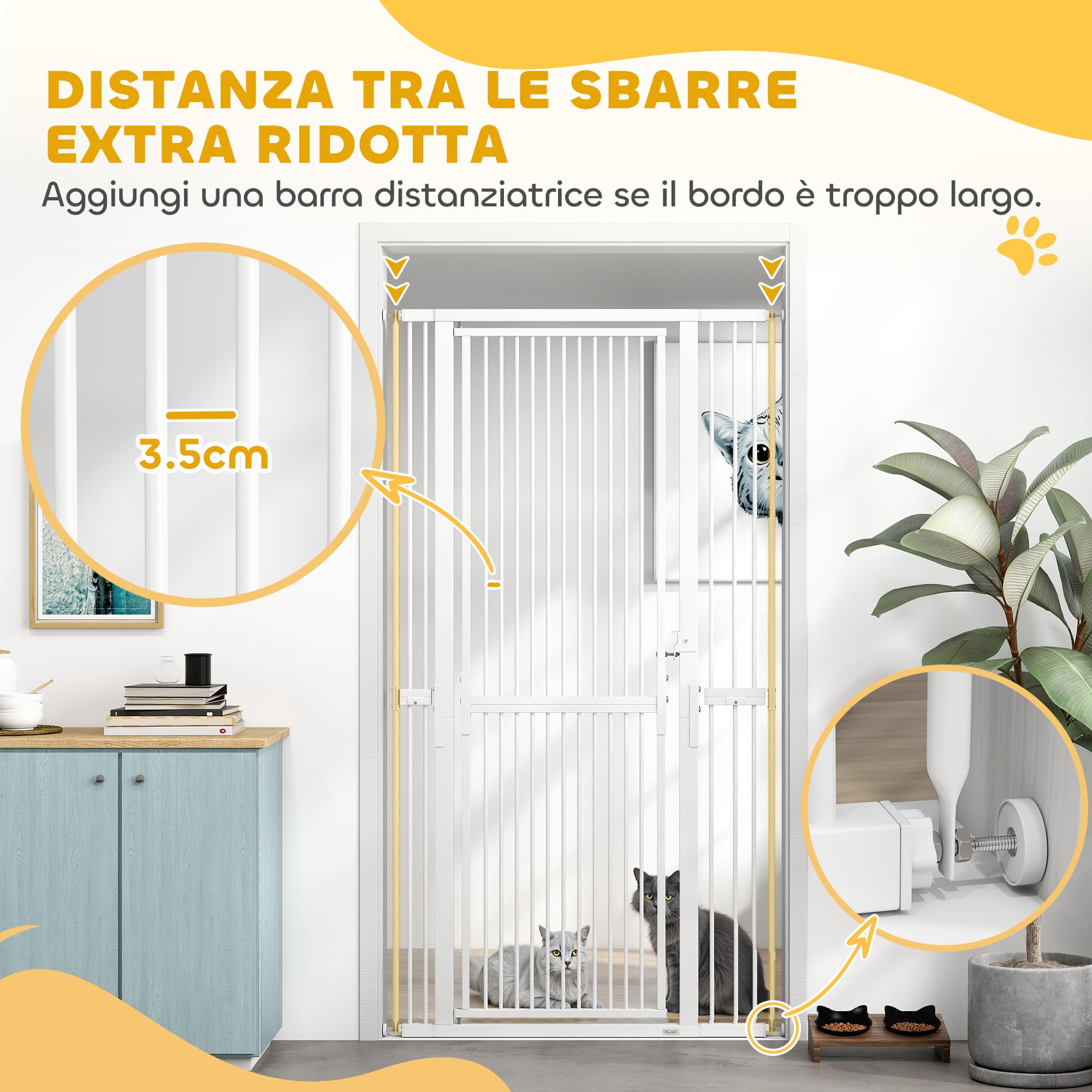 PawHut Cancelletto di Sicurezza per Cani Gatti 180cm, Estensibile 77-104 cm, Spazio 3.5cm, Bianco