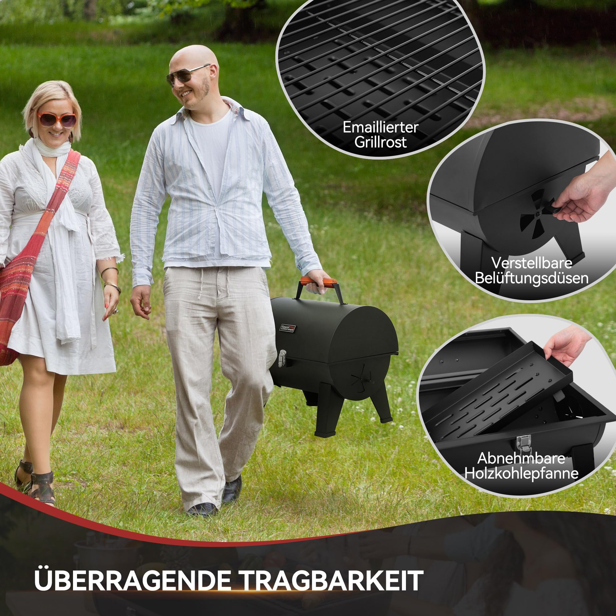 Royal Gourmet Tragbarer Holzkohlegrill mit Grillfläche 44x31,8cm Campinggrill für Garten Picknick, XL Kohle Tischgrill, Klappgrill mit Schnappverschluss und Holzgriff Schwarz