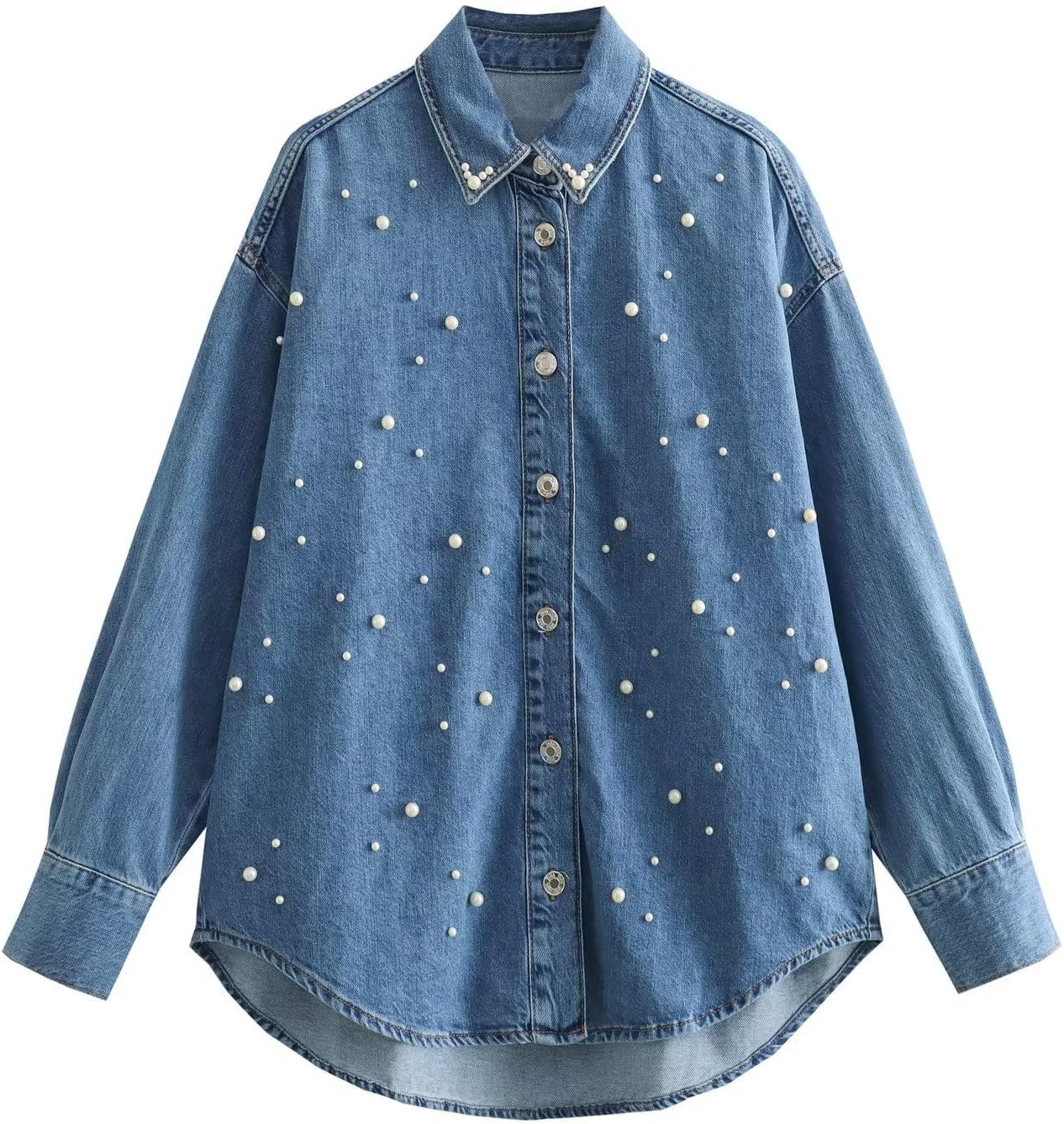 Kedera Women Denim Shirt Embroidered Pearls Beading Jean Shirts Long