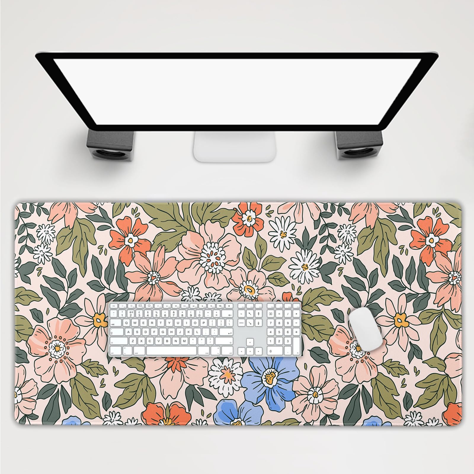 Pink Blue Cute Floral Gaming Mouse Pad Desk Mat 3XL 47.2x23.6 Inch Anime Green Leaf Flowers Extended Mousepad 120x60cm with Non-Slip Rubber Base Stitched Edge Large Desk Pad for Women Gamer Office