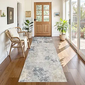 3X8 Washable Runner Rug for Hallway: Soft Neutral Modern Abstract Area Rug - Non-Slip Low Pile Long Throw Indoor Carpet for Kitchen Entryway Kitchen Bedroom Laundry Bathroom- Blue Grey