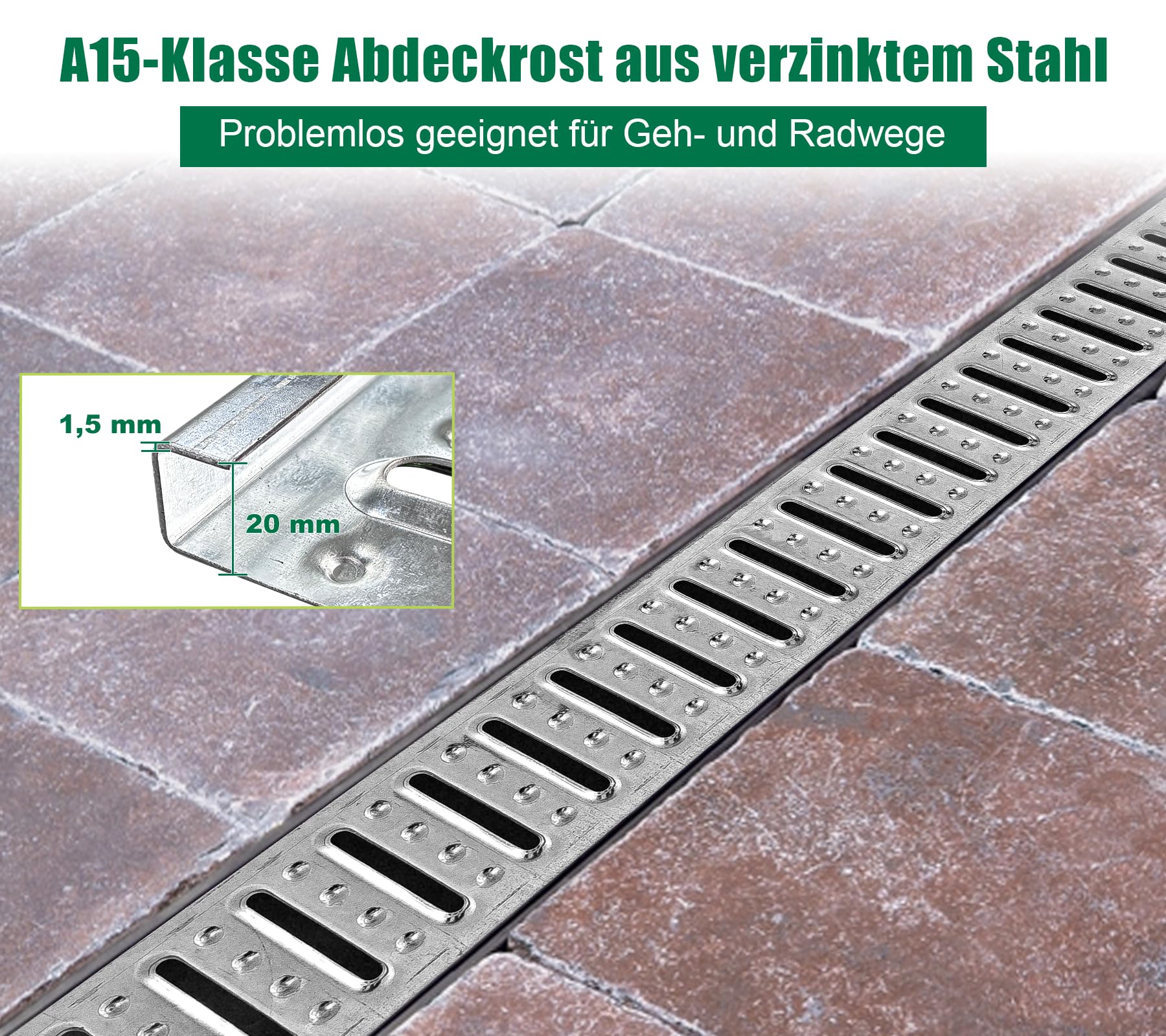 Caniveau extérieur PEHD 1000x155x140mm A15 Grille Acier galvanisé 1m pour allée Jardin Garage
