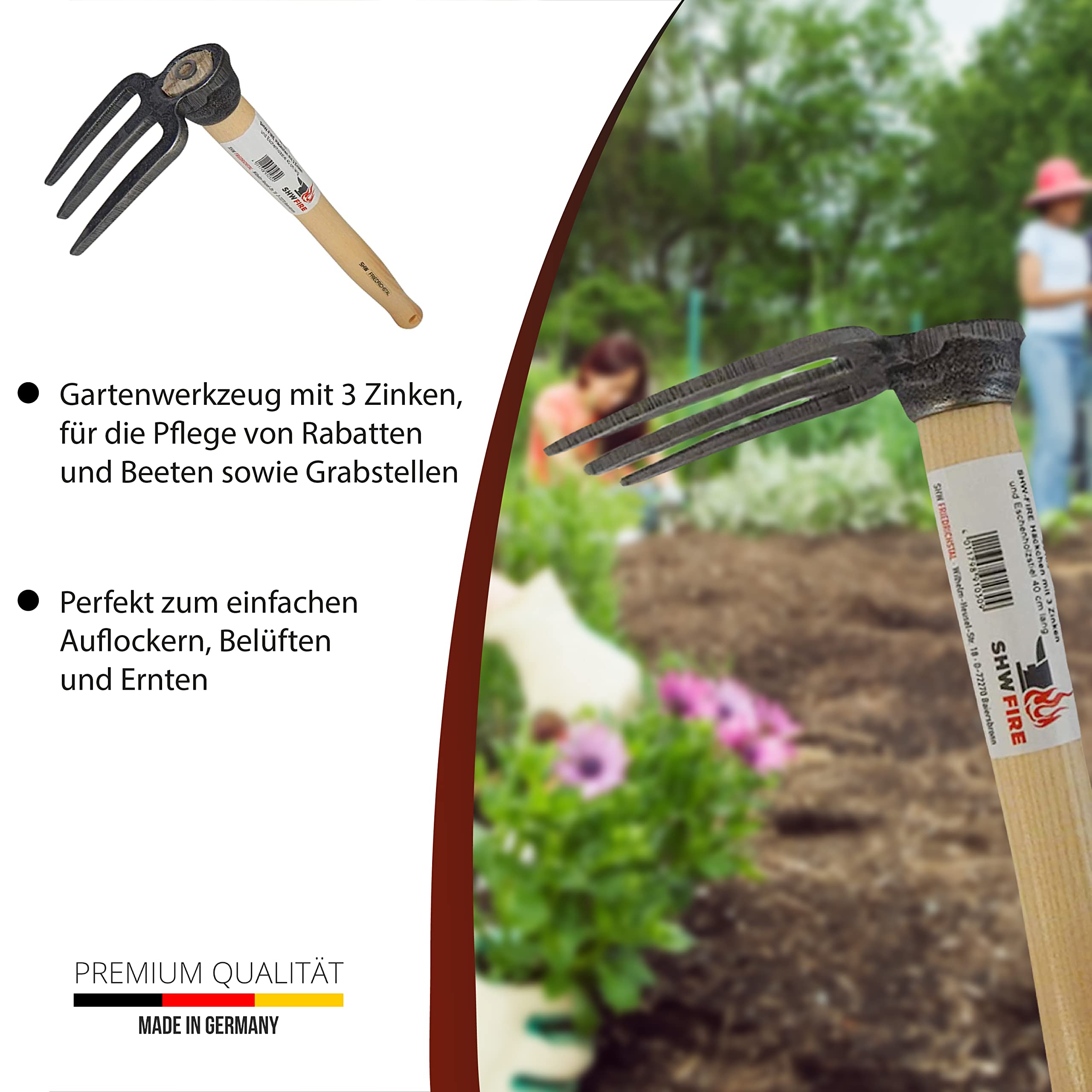 SHW-FIRE Handhacke: 3-Zinken Gartenhacke mit Eschenholzstiel - 40cm kurz - hochwertig geschmiedet