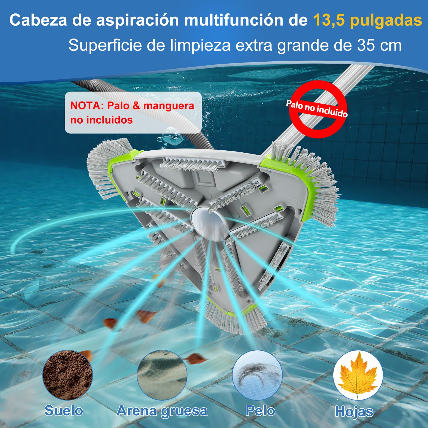 Cepillo Piscina con Conexión de Aspiración 35cm Triangular, Cepillo Aspirador Piscina con Cepillos Laterales, Cabezal Aspirador Piscina para Manguera 32/38mm, Limpiafondos Piscina para Piscinas