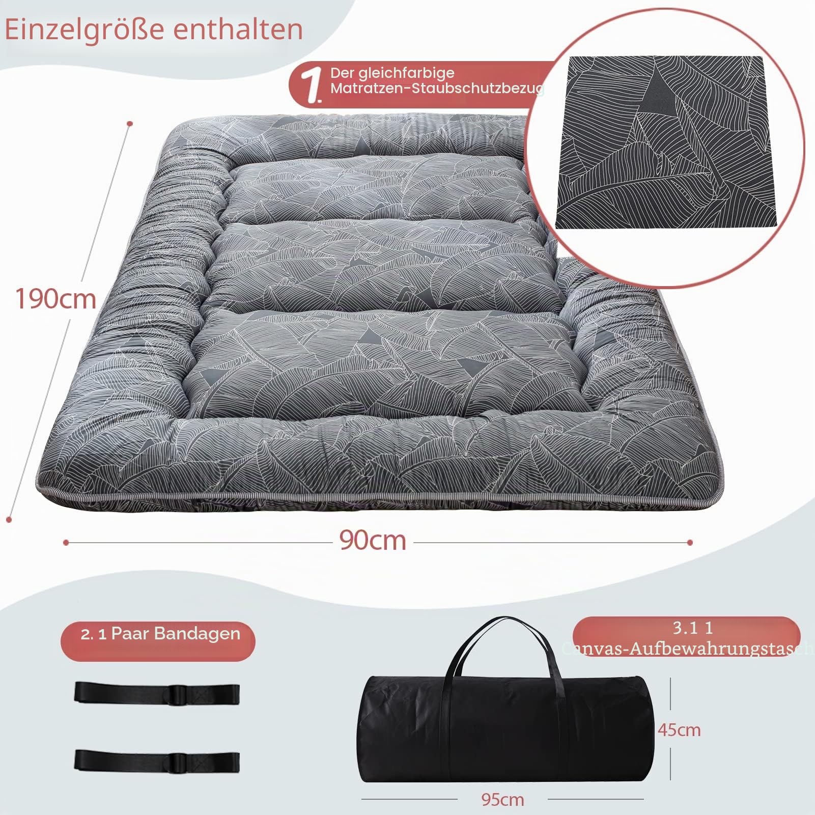 MAXYOYO Japanische Bodenmatratze, Futon-Matratze, Dicke Tatami-Matte, Isomatte, faltbar, aufrollbare Matratze, Schlafsaal, Bodenliege, Kissen (Blatt, Einzelbett)
