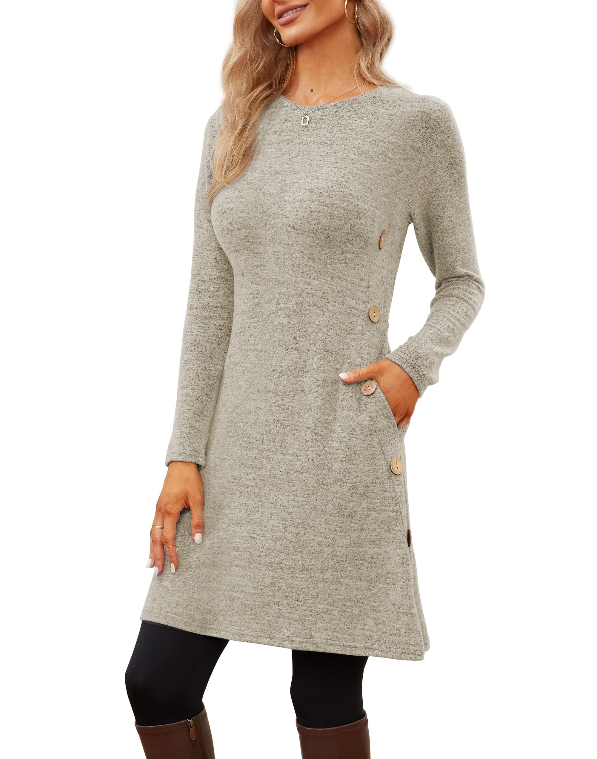 Jar of LoveWomen's Long Sleeve Scoop Neck Button Side Causal Fall Dress with Pockets