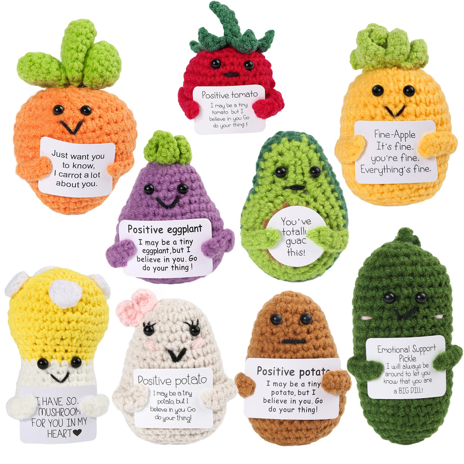 Mini Positive Potato Crochet Doll with Positive Card,9 PCS Funny Emotional Support Handmade Vegetables and Plants Best Friends Christmas Birthday Graduation Gifts for Women Men Office Desk Home Decor