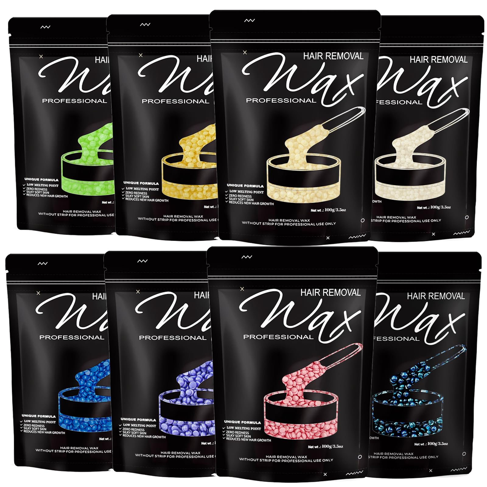 800g/1.76lb Wax Beads 8 Packs,Hard Wax Beads with 8 Go-To Scents - Wax Beads for Brazilian Bikini & Coarse/Stubborn Hair Removal, Hard Wax for Body, Face,Legs At-Home Waxing