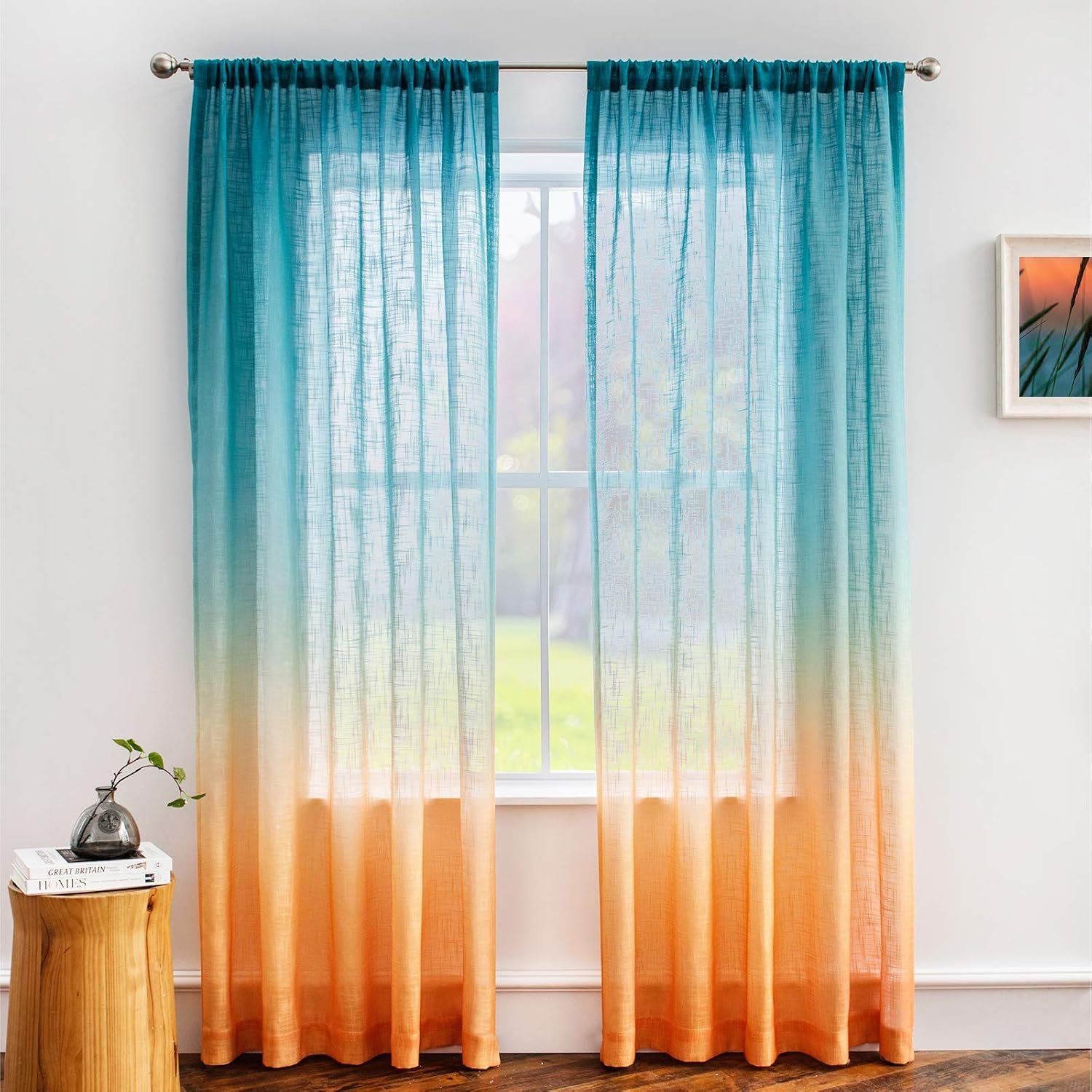 Melodieux Linen Textured Ombre Semi Sheer Curtains 96 Inches Long for Living Room Bedroom Sunset Rod Pocket Gradient Drapes, Orange Teal Green Turquoise Mint, 52 x 96 Inch (2 Panels)