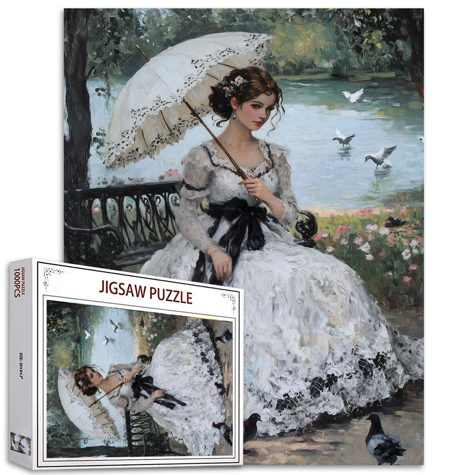 Woman with a Parasol Puzzles 1000 Piece Jigsaw Puzzles for Adults Victorian Impressionism Puzzles Elegant Lady Jigsaw Puzzles for Lovers Gifts European Noblewoman Jigsaw Puzzle for Adults