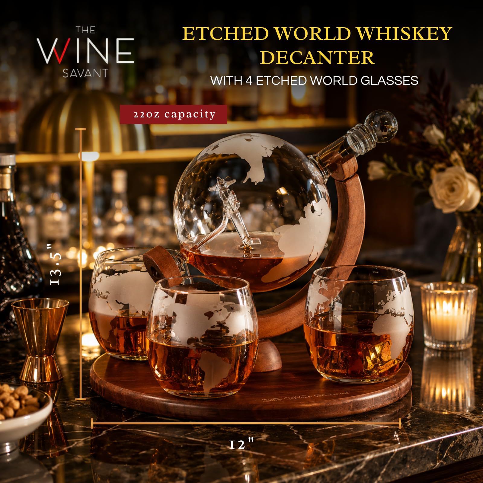 Carafe à décanter du monde gravée – Coffret cadeau à whisky The Wine Savant avec avion antique, pierres à whisky et 4 verres carte du monde, cadeau pilote – Cadeau lié à l'alcool, décoration de bar à