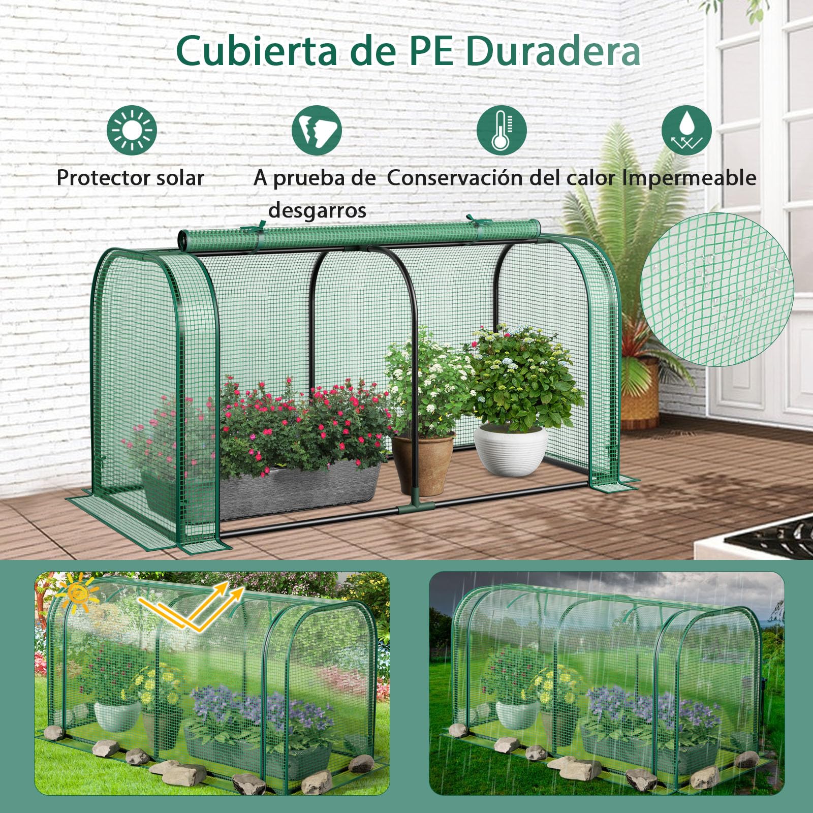 GOPLUS Mini Invernadero Portátil, 118 x 55 x 60 cm, Invernadero Exterior con Puerta Enrollable, Estacas de Tierra, Estructura de Metal, Cubierta PE Impermeable, para Verduras Flores Plantas (Verde)