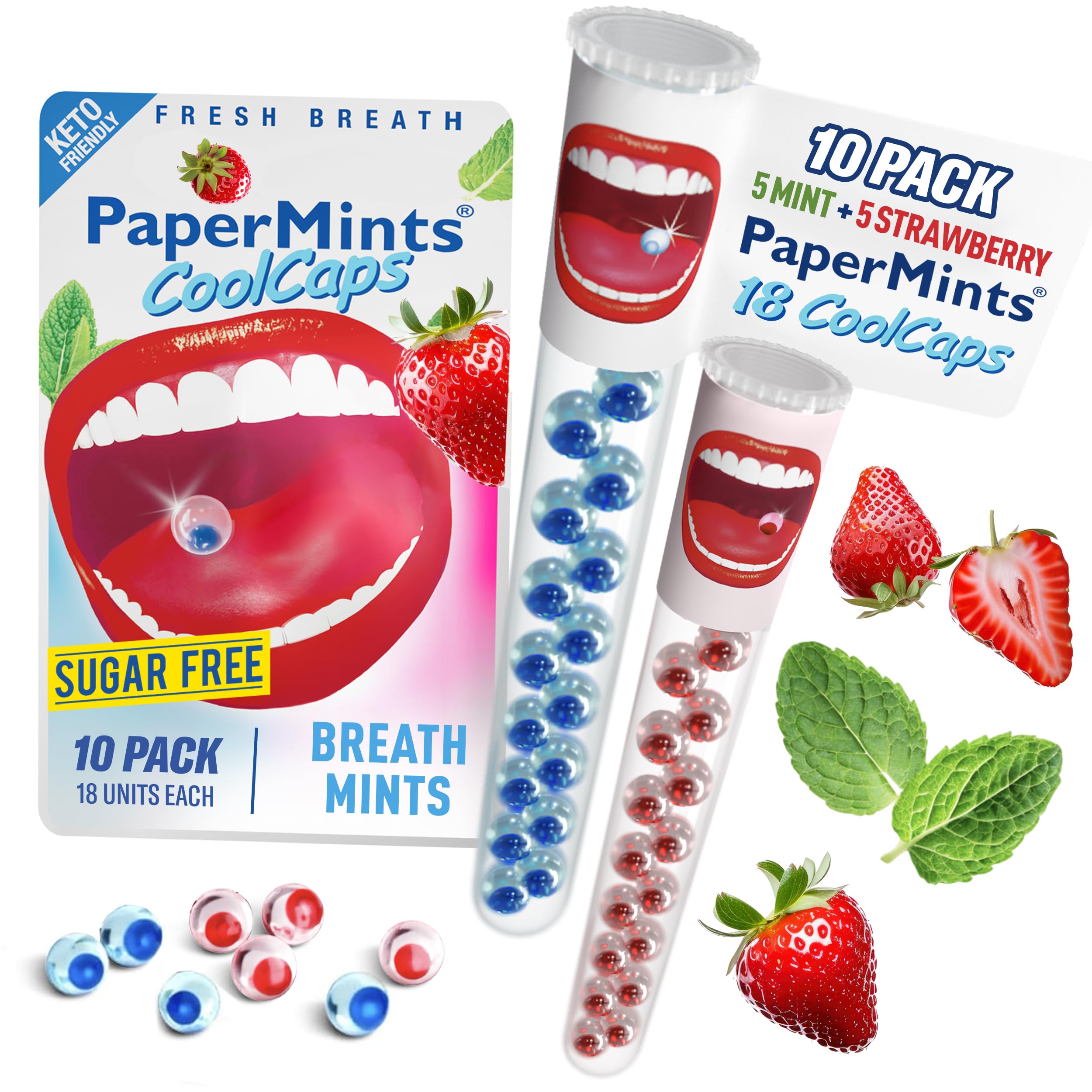 PaperMints CoolCaps Instant Fresh Breath Mints Sugar-Free Breath Freshener, Chronic bad breath treatment for adults, Dry Mouth product. Variety pack - 10 Tubes of 18 capsules