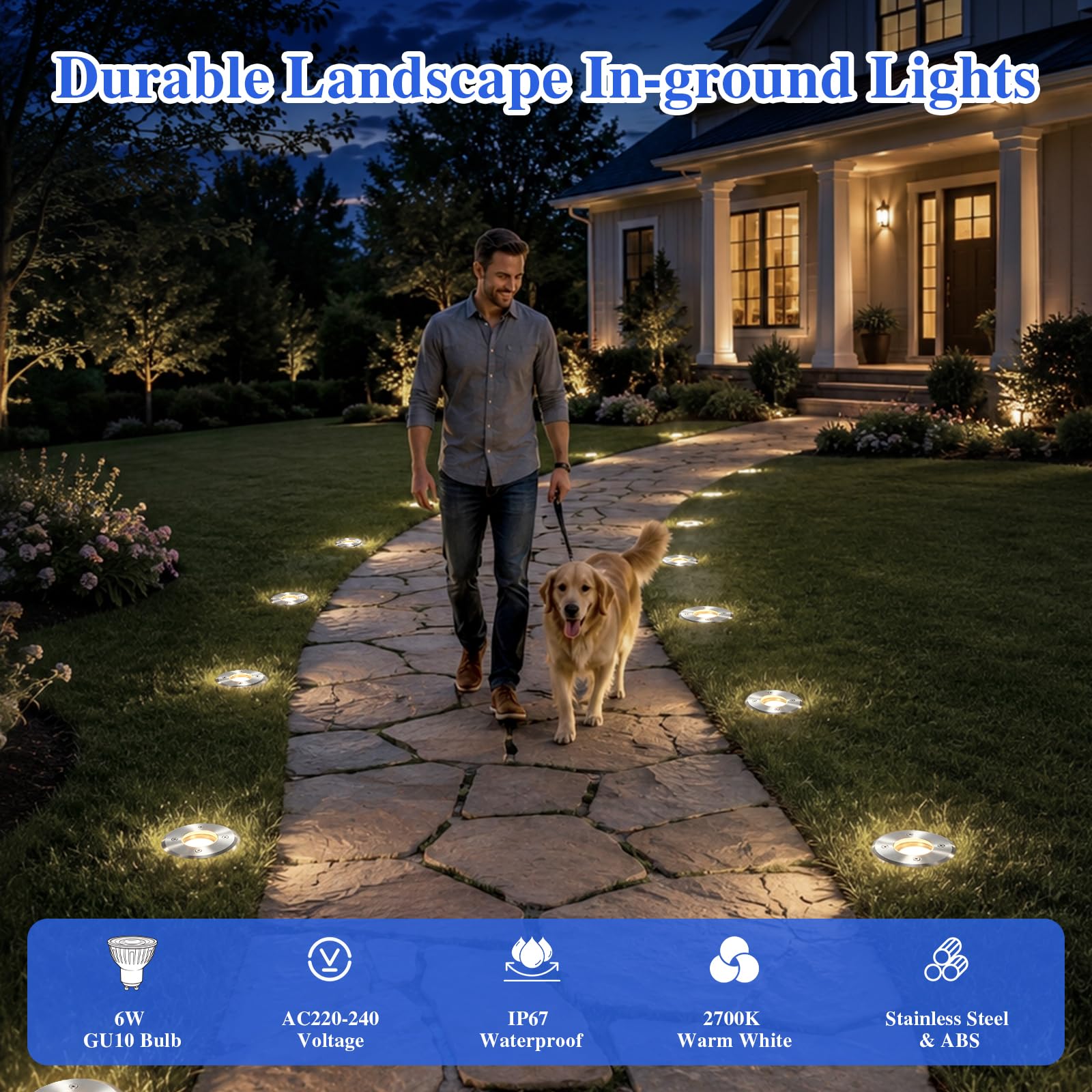 GeyouLux Runder Bodenstrahler Außen, mit 6W GU10 Leuchtmittel, IP67, 4 St | 2700K Warmweiß, LED überfahrbarer Edelstahl Bodeneinbaustrahler für Rasenflächen, Einfahrten, Terrassen, Gärten