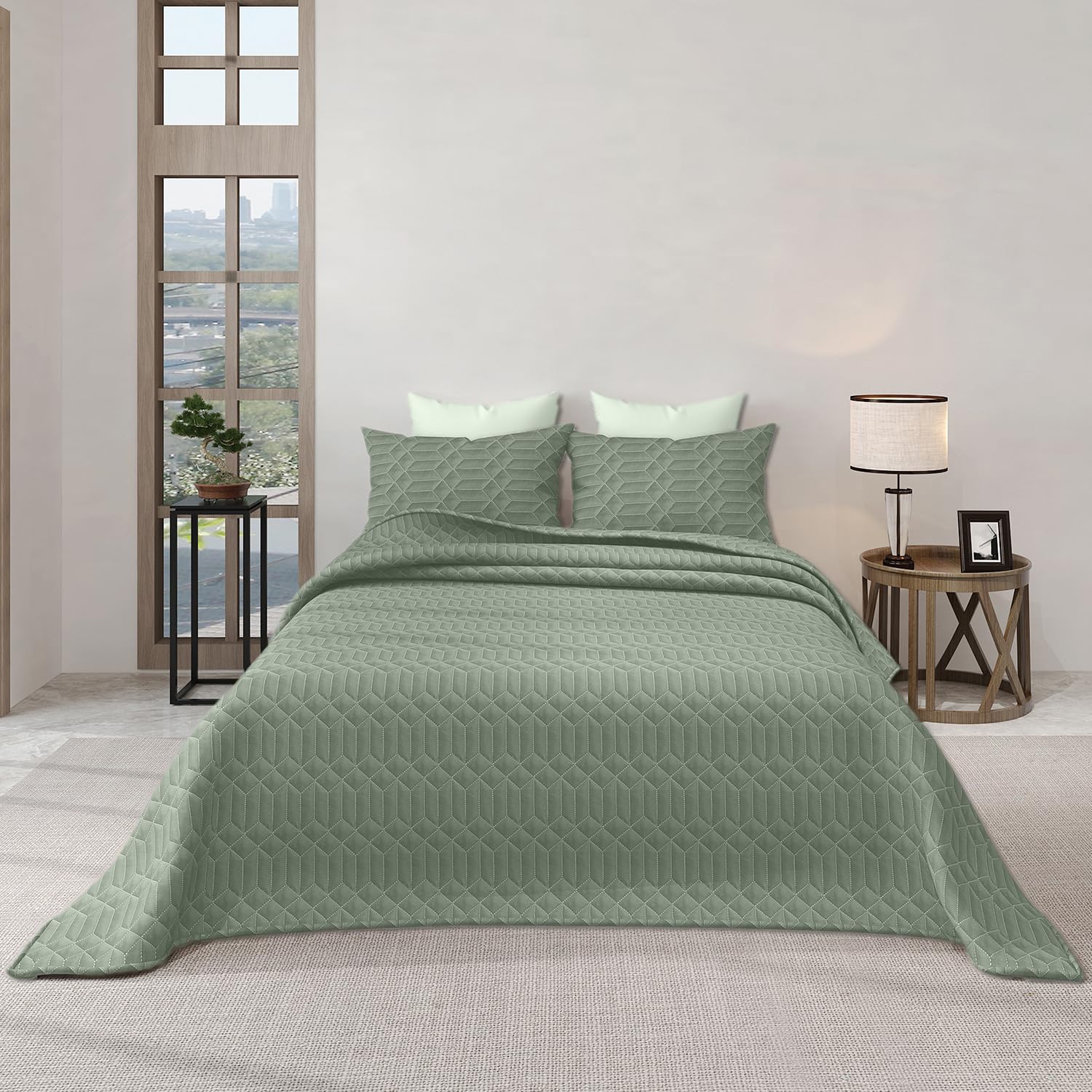 LABHAM® Azure King Size Bedcover Set - 300GSM Ultra Sonic Quilted, (90"x108") Super Soft, Durable, Easy Care, Bedspread with 2 Pillow Covers & Storage Bag (SAGE Green)