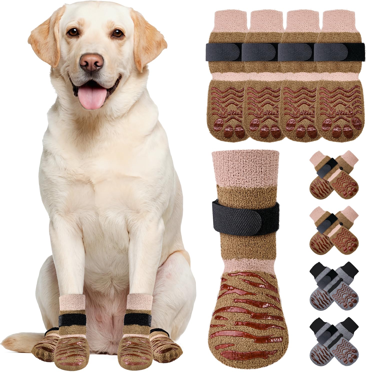 SlowTon 2 Pairs Anti Slip Dog Socks - Paw Protectors With Grips and Adjustable Detachable Strap， Walking Boots for Hot Pavement Hardwood Floors, Traction Control for Senior Small Medium Large Dogs