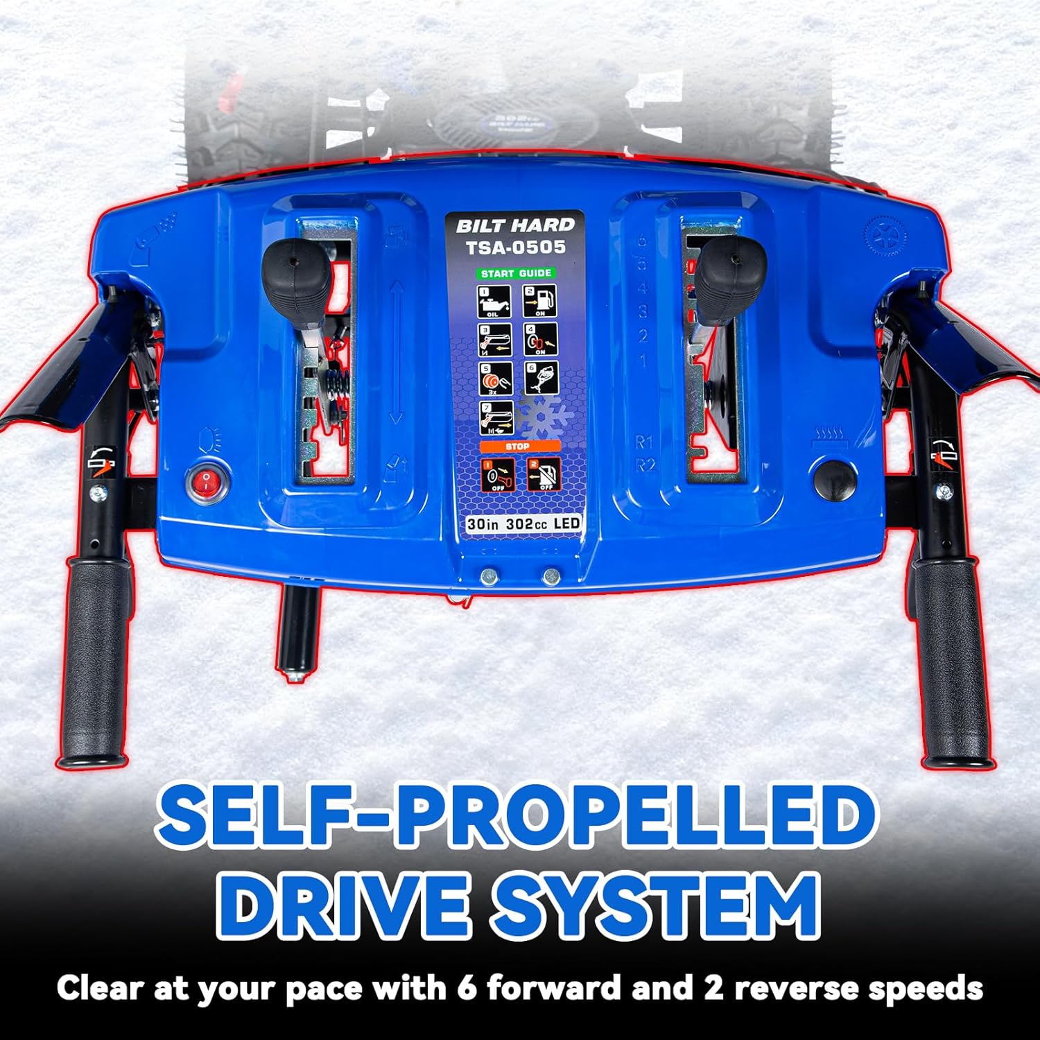 De dalt a baix view of the BILT HARD snow blower's control panel, showing the self-propelled drive system with speed settings.