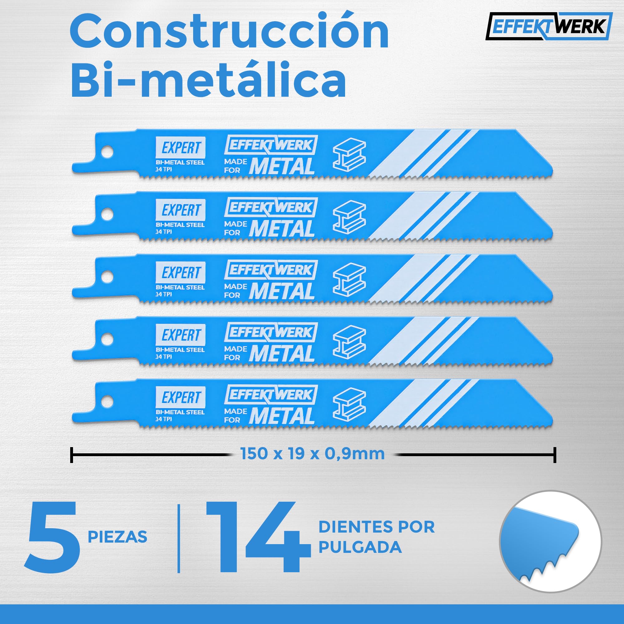 Hojas de sierra recíproca para metal - 5 piezas - Juego de hojas de sierra para cortar metal de 6"/150 mm - Hojas de sierra de acero bimetálico - 14 TPI (dientes por pulgada)