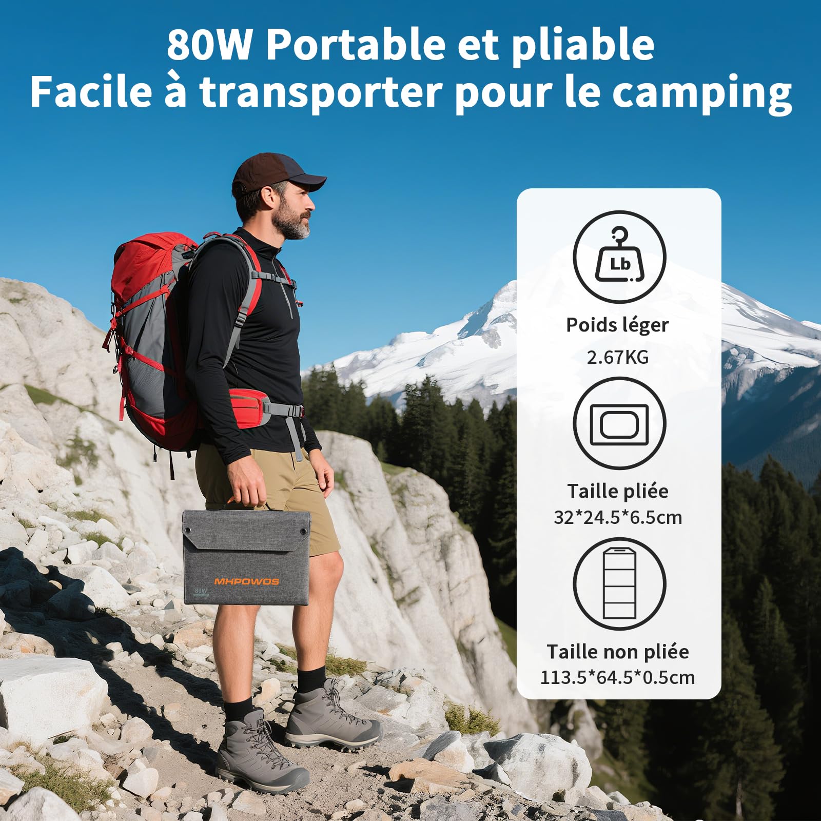 Chargeur solaire pliable 80 W, panneau solaire portable pour le camping avec sorties USB C, USB A et CC, mini-chargeur 19 V pour smartphone, randonnée, voyages en plein air, camping