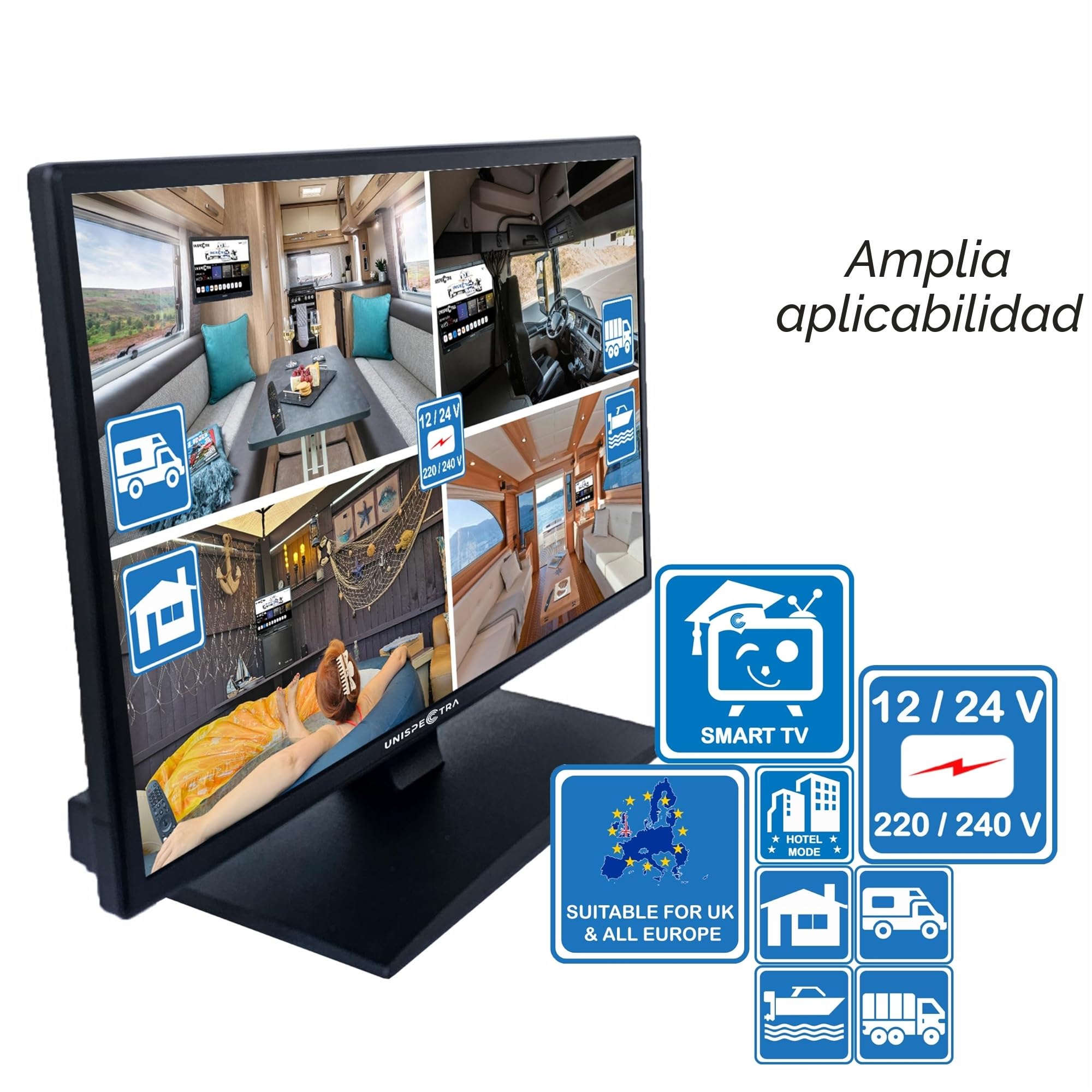 Unispectra ® Smart TV de 22 Pulgadas 12v (webOS) ELED Full HD 240v 24v 12v TV Freeview & Sat sintonizador, 3X HDMI, 2X USB, Magic Remote. Televisores de 12 V para autocaravanas, autocaravanas
