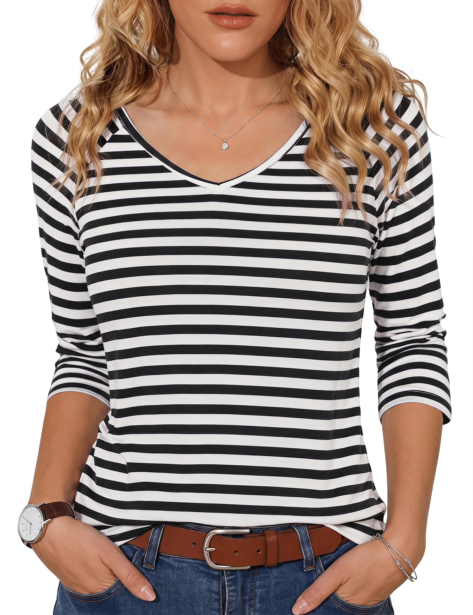 Terecey Gestreiftes Shirt Damen 3/4 Arm mit V-Ausschnitt S-3XL | 65% Polyester 35% Baumwolle, dreiviertel arm für Übergangszeiten, für Alltag und Büro
