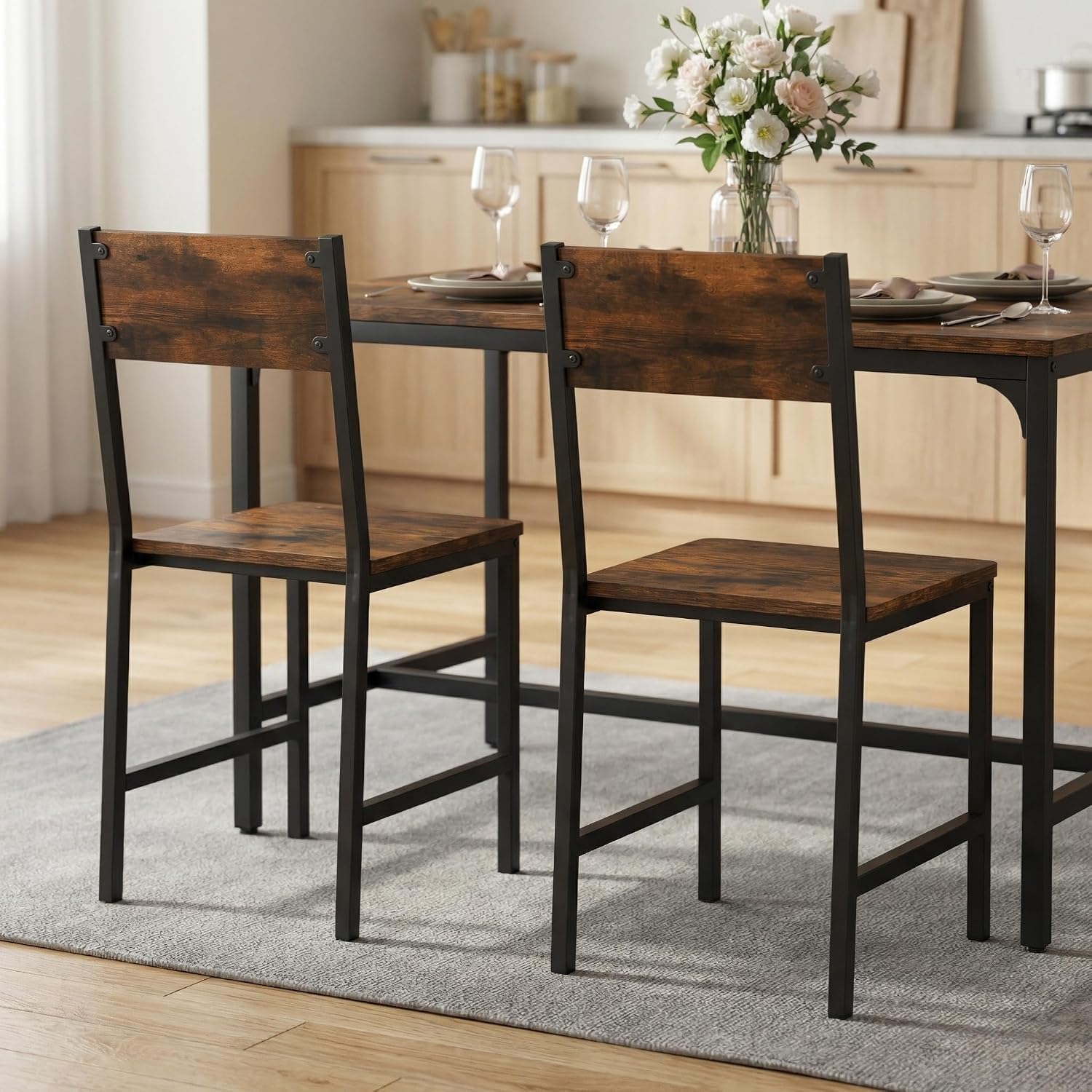 Industrial Dining Chairs Set of 2, Wooden Kitchen Chairs with Slanted Backrests & Metal Legs, 330lb Capacity, Easy to Assemble, Farmhouse Dinner Seats for Living Room, Restaurant , Rustic Brown