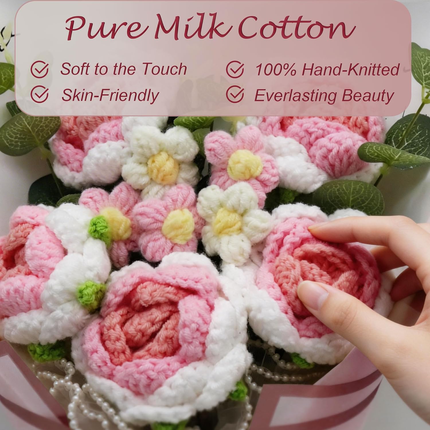 Crochet Flower Bouquet, Handmade Milk Cotton Rose Flowers for Mother's Day, Anniversary, Graduation Decor, Includes Gift Bag and Greeting Card, Pink