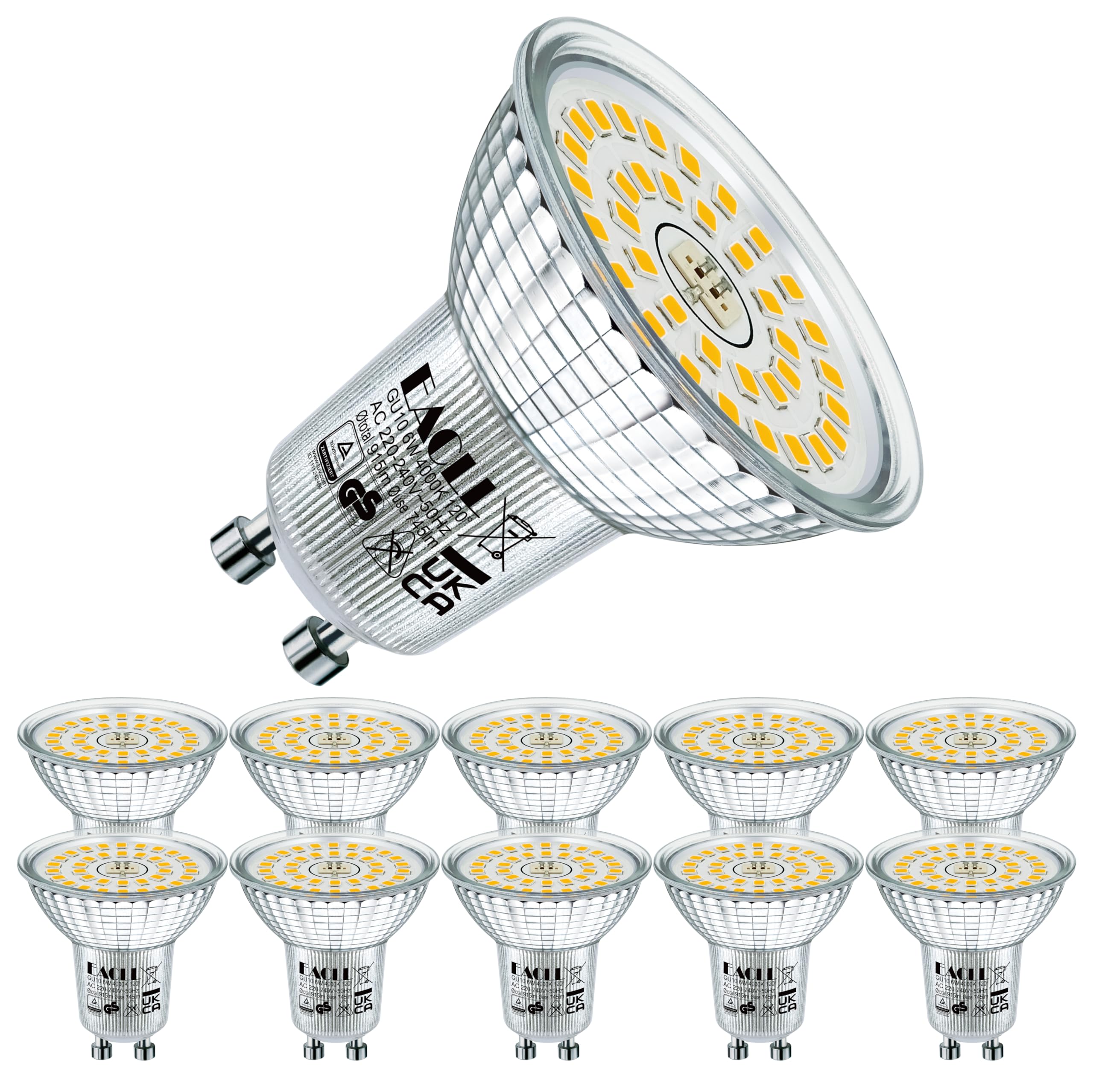 EACLL GU10 LED Lampen, 4/6/10er-Pack, 2700K 3000K 4000K 6000K 6W Ersetzt Halogen Leuchtmittel, Flimmerfrei, Abstrahlwinkel 120°, Nicht Dimmbar Reflektorlampen