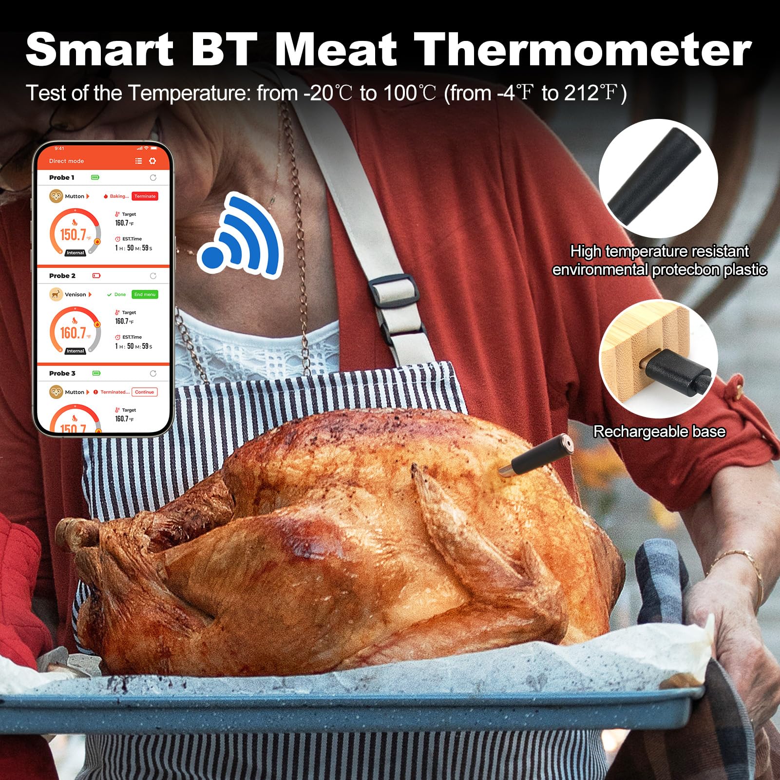 Termometro per carne Bluetooth intelligente Indicatore temperatura alimenti wireless con 6 sonde Monitoraggio APP Ricarica rapida per barbecue Grigliate Forno Cottura Acciaio