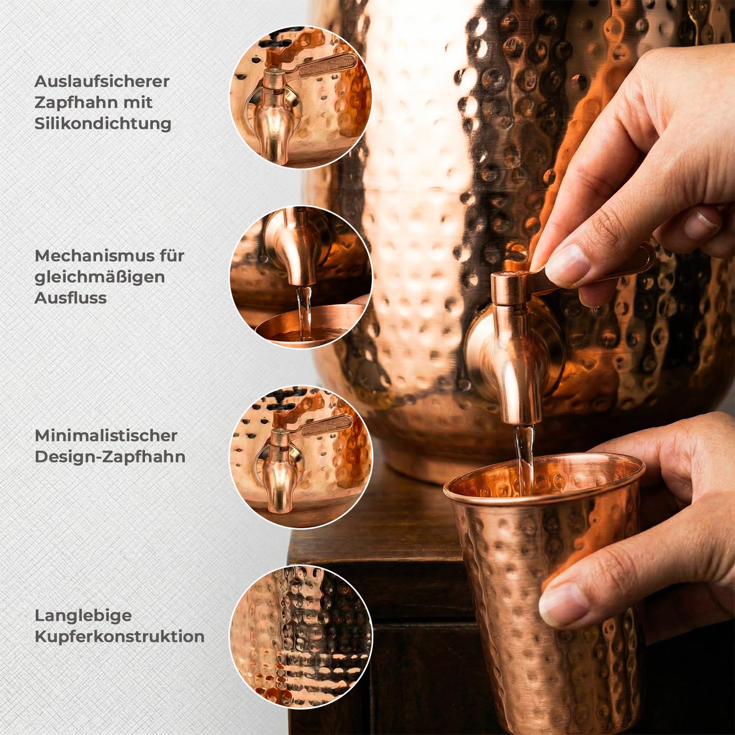 Distributeur d'eau en cuivre 5 l avec 2 tasses et support, réservoir cuivre pur, robinet anti-fuite