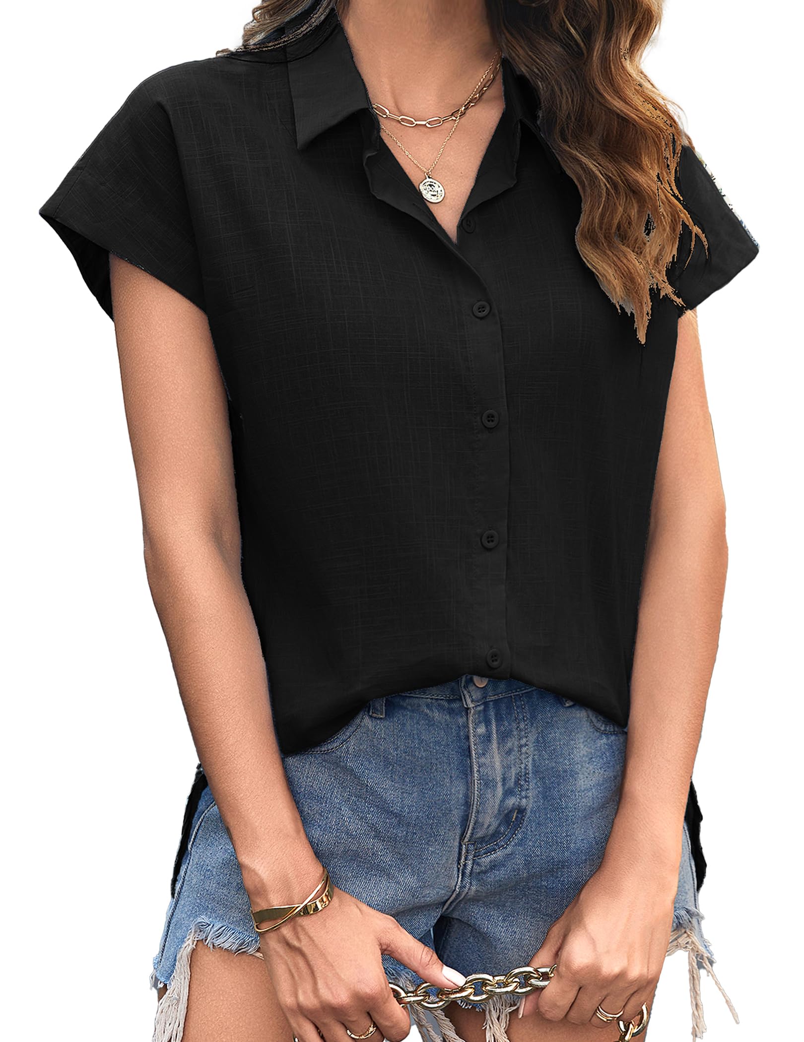 Lausiuoe Women's V-Neck Blouse - Short Sleeve, Loose Fit, Pleated Detail, Casual Summer Top - View #7