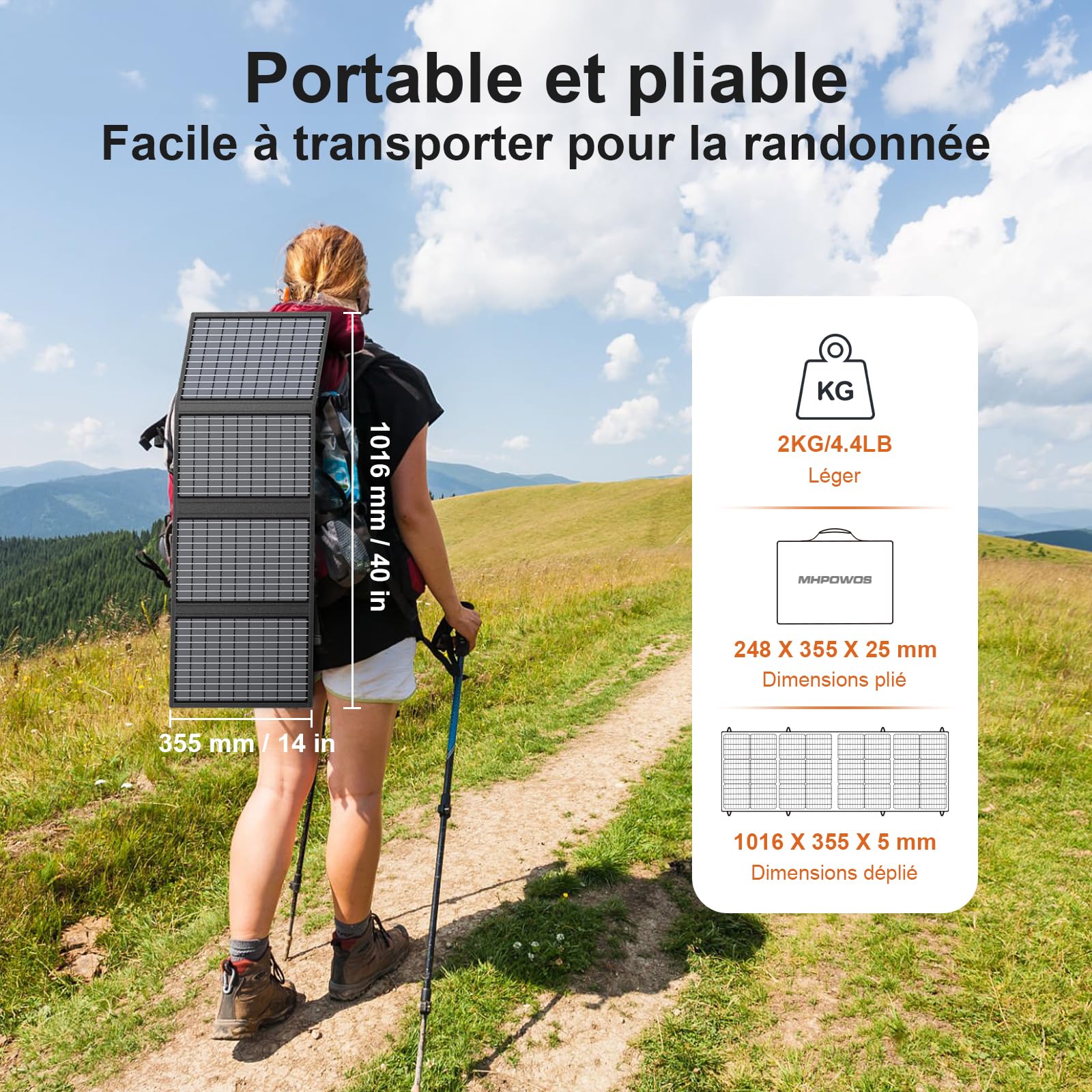 Chargeur solaire portable 60W avec support, panneau solaire pliable avec sorties USB-C, USB-A et DC, pour le la randonnée, l'alimentation de secours pour les petits générateurs électriques