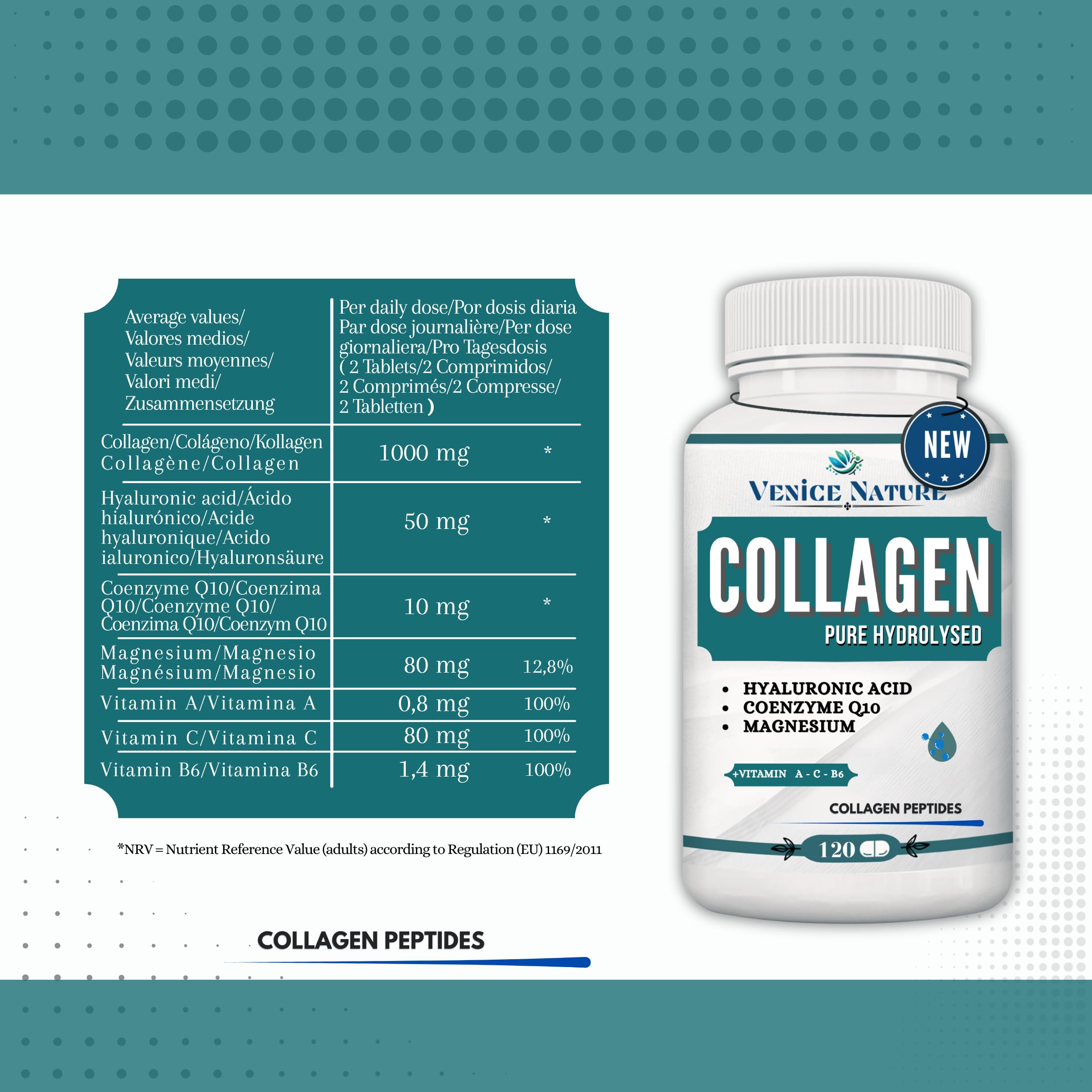 Collagene e Acido Ialuronico - Collagene Idrolizzato con Acido Ialuronico Coenzima Q10 + Vitamina C + Magnesio, Vitamina A - B6 - Collagene Completo Integratore - Collagen Venice Nature
