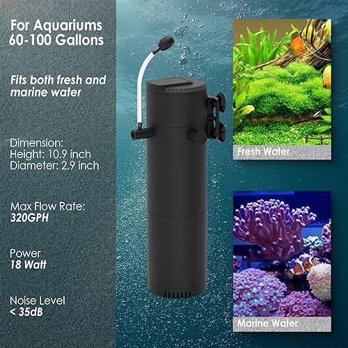 Miniatura 6 de Filtro de tanque de peces de 320 GPH para tanques de 60 a 100 galones, filtro interno de acuario de 3 etapas con doble salida de agua y aireación